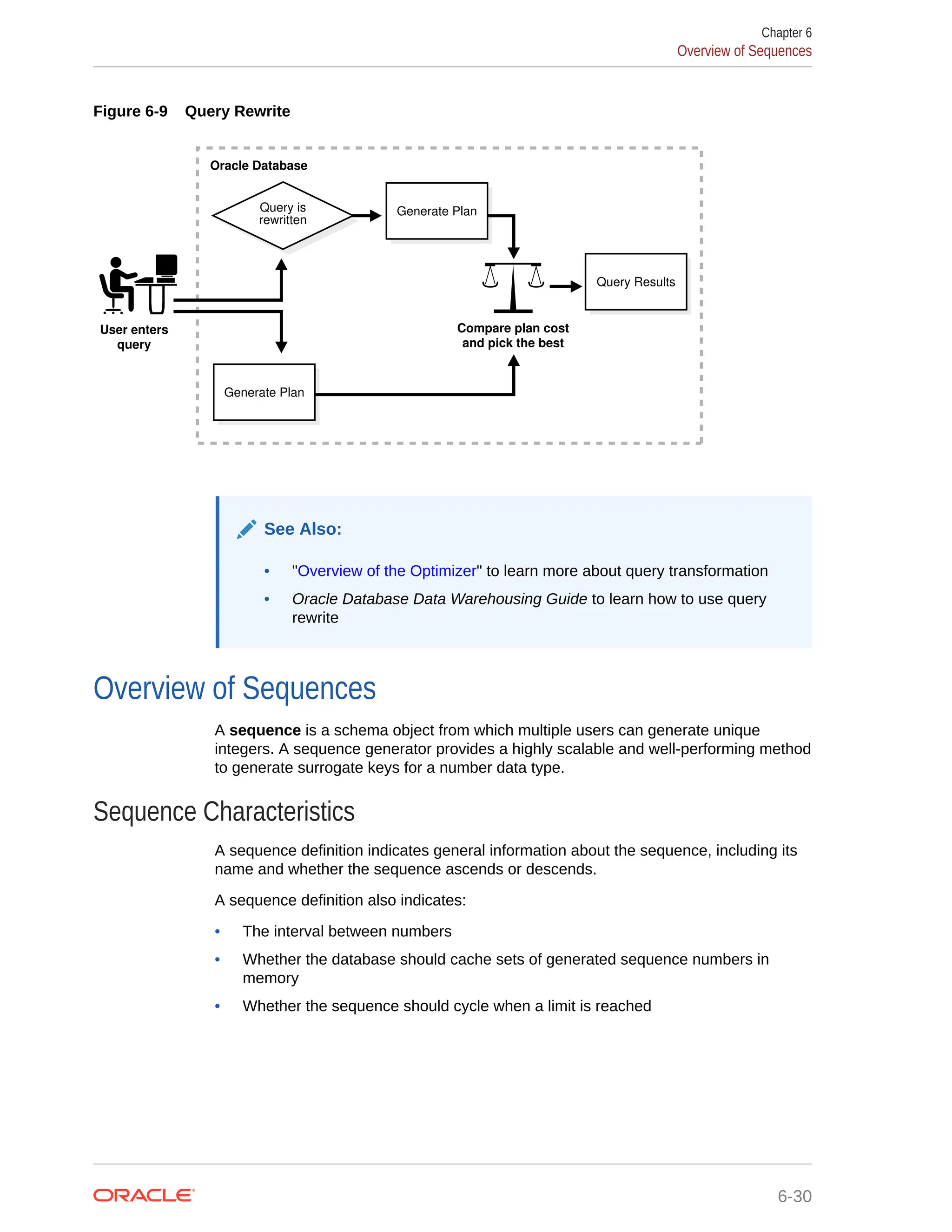 Figure 6-9 Query Rewrite Strategy Generate Plan Strategy Query is rewritten User enters query Compare plan cost and pick the best Strategy Generate Plan Strategy Query Results Oracle Database See Also: • "Overview of the Optimizer" to learn more about query transformation • Oracle Database Data Warehousing Guide to learn how to use query rewrite Overview of Sequences A sequence is a schema object from which multiple users can generate unique integers. A sequence generator provides a highly scalable and well-performing method to generate surrogate keys for a number data type. Sequence Characteristics A sequence definition indicates general information about the sequence, including its name and whether the sequence ascends or descends. A sequence definition also indicates: • The interval between numbers • Whether the database should cache sets of generated sequence numbers in memory • Whether the sequence should cycle when a limit is reached Chapter 6 Overview of Sequences 6-30 