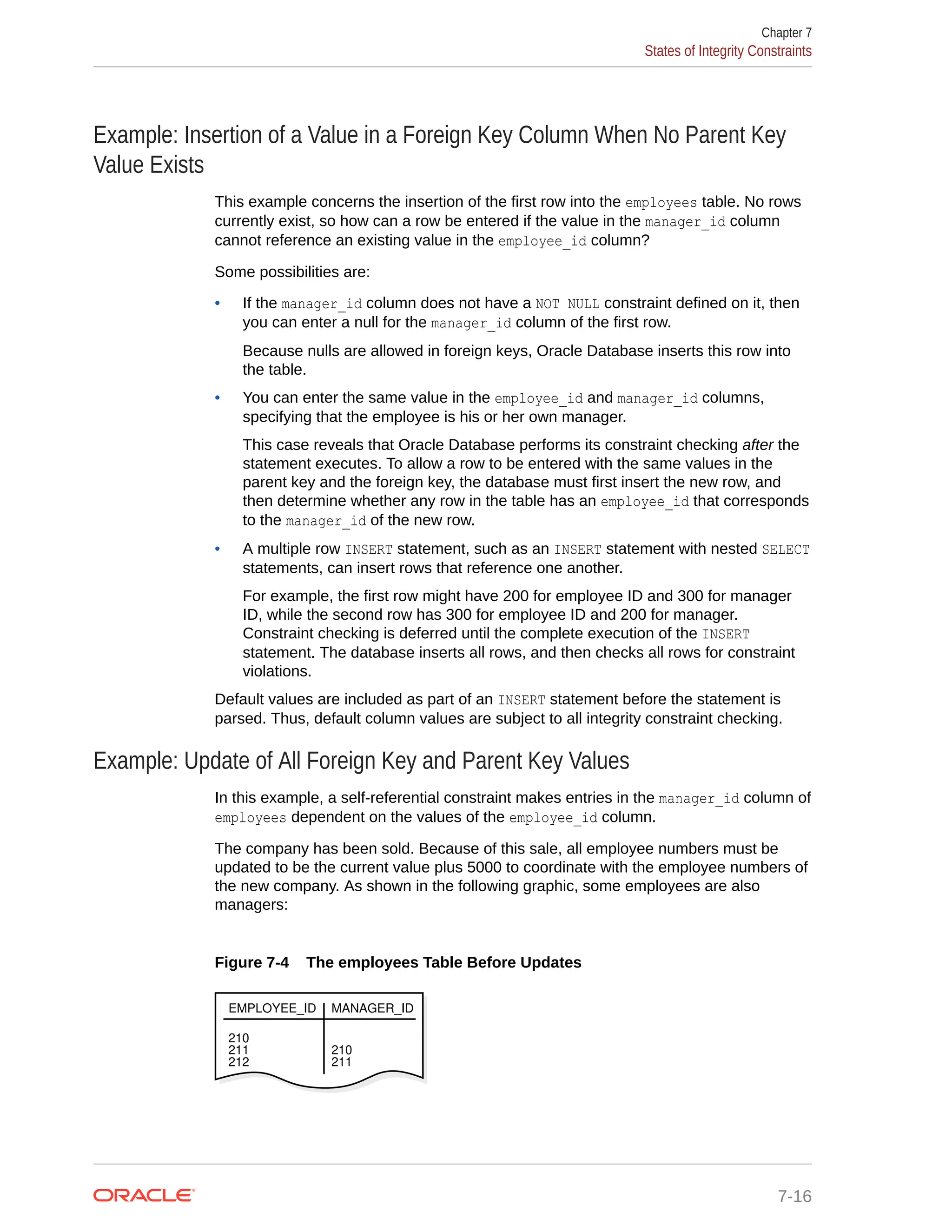 Example: Insertion of a Value in a Foreign Key Column When No Parent Key Value Exists This example concerns the insertion of the first row into the employees table. No rows currently exist, so how can a row be entered if the value in the manager_id column cannot reference an existing value in the employee_id column? Some possibilities are: • If the manager_id column does not have a NOT NULL constraint defined on it, then you can enter a null for the manager_id column of the first row. Because nulls are allowed in foreign keys, Oracle Database inserts this row into the table. • You can enter the same value in the employee_id and manager_id columns, specifying that the employee is his or her own manager. This case reveals that Oracle Database performs its constraint checking after the statement executes. To allow a row to be entered with the same values in the parent key and the foreign key, the database must first insert the new row, and then determine whether any row in the table has an employee_id that corresponds to the manager_id of the new row. • A multiple row INSERT statement, such as an INSERT statement with nested SELECT statements, can insert rows that reference one another. For example, the first row might have 200 for employee ID and 300 for manager ID, while the second row has 300 for employee ID and 200 for manager. Constraint checking is deferred until the complete execution of the INSERT statement. The database inserts all rows, and then checks all rows for constraint violations. Default values are included as part of an INSERT statement before the statement is parsed. Thus, default column values are subject to all integrity constraint checking. Example: Update of All Foreign Key and Parent Key Values In this example, a self-referential constraint makes entries in the manager_id column of employees dependent on the values of the employee_id column. The company has been sold. Because of this sale, all employee numbers must be updated to be the current value plus 5000 to coordinate with the employee numbers of the new company. As shown in the following graphic, some employees are also managers: Figure 7-4 The employees Table Before Updates EMPLOYEE_ID MANAGER_ID 210 211 212 210 211 Chapter 7 States of Integrity Constraints 7-16 