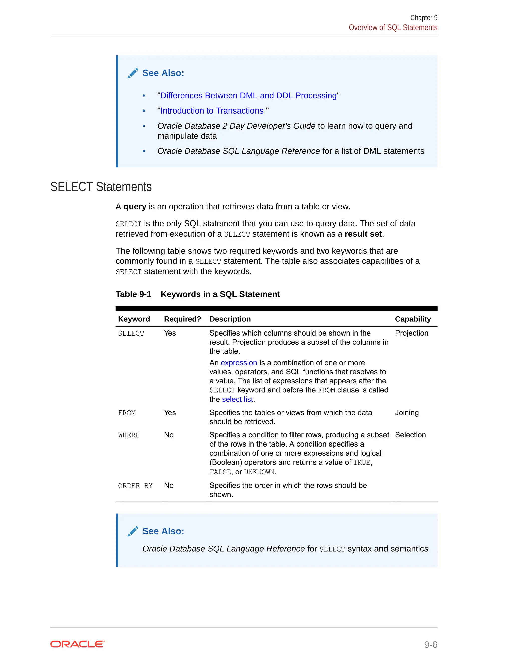 See Also: • "Differences Between DML and DDL Processing" • "Introduction to Transactions " • Oracle Database 2 Day Developer's Guide to learn how to query and manipulate data • Oracle Database SQL Language Reference for a list of DML statements SELECT Statements A query is an operation that retrieves data from a table or view. SELECT is the only SQL statement that you can use to query data. The set of data retrieved from execution of a SELECT statement is known as a result set. The following table shows two required keywords and two keywords that are commonly found in a SELECT statement. The table also associates capabilities of a SELECT statement with the keywords. Table 9-1 Keywords in a SQL Statement Keyword Required? Description Capability SELECT Yes Specifies which columns should be shown in the result. Projection produces a subset of the columns in the table. An expression is a combination of one or more values, operators, and SQL functions that resolves to a value. The list of expressions that appears after the SELECT keyword and before the FROM clause is called the select list. Projection FROM Yes Specifies the tables or views from which the data should be retrieved. Joining WHERE No Specifies a condition to filter rows, producing a subset of the rows in the table. A condition specifies a combination of one or more expressions and logical (Boolean) operators and returns a value of TRUE, FALSE, or UNKNOWN. Selection ORDER BY No Specifies the order in which the rows should be shown. See Also: Oracle Database SQL Language Reference for SELECT syntax and semantics Chapter 9 Overview of SQL Statements 9-6 