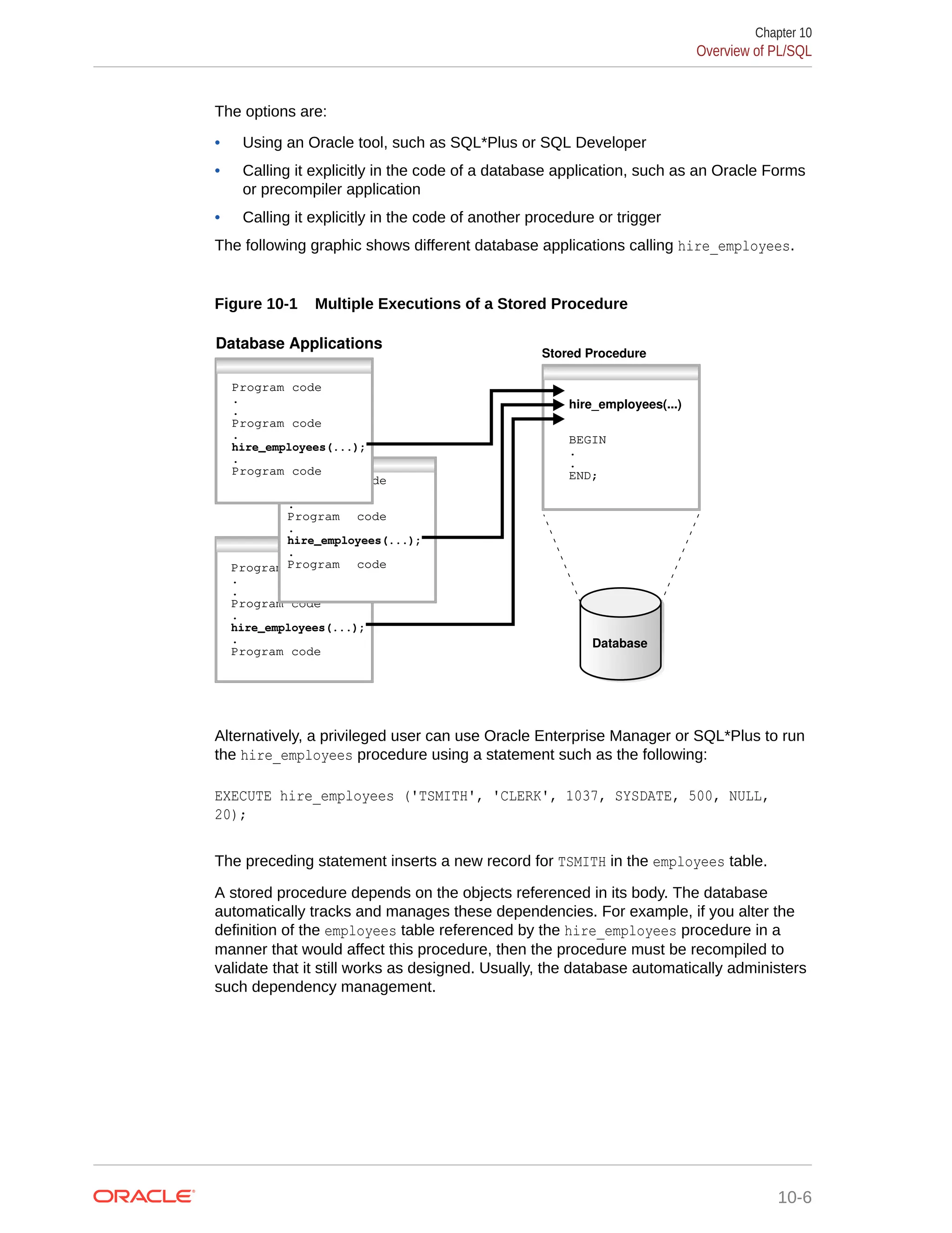The options are: • Using an Oracle tool, such as SQL*Plus or SQL Developer • Calling it explicitly in the code of a database application, such as an Oracle Forms or precompiler application • Calling it explicitly in the code of another procedure or trigger The following graphic shows different database applications calling hire_employees. Figure 10-1 Multiple Executions of a Stored Procedure Program code Program code . . Program code Database Applications . . . hire_employees(...); . Program code Program code . hire_employees(...); . Program code code Program . code Program code Program hire_employees(...) BEGIN . . END; . . hire_employees(...); . Database Stored Procedure Alternatively, a privileged user can use Oracle Enterprise Manager or SQL*Plus to run the hire_employees procedure using a statement such as the following: EXECUTE hire_employees ('TSMITH', 'CLERK', 1037, SYSDATE, 500, NULL, 20); The preceding statement inserts a new record for TSMITH in the employees table. A stored procedure depends on the objects referenced in its body. The database automatically tracks and manages these dependencies. For example, if you alter the definition of the employees table referenced by the hire_employees procedure in a manner that would affect this procedure, then the procedure must be recompiled to validate that it still works as designed. Usually, the database automatically administers such dependency management. Chapter 10 Overview of PL/SQL 10-6 