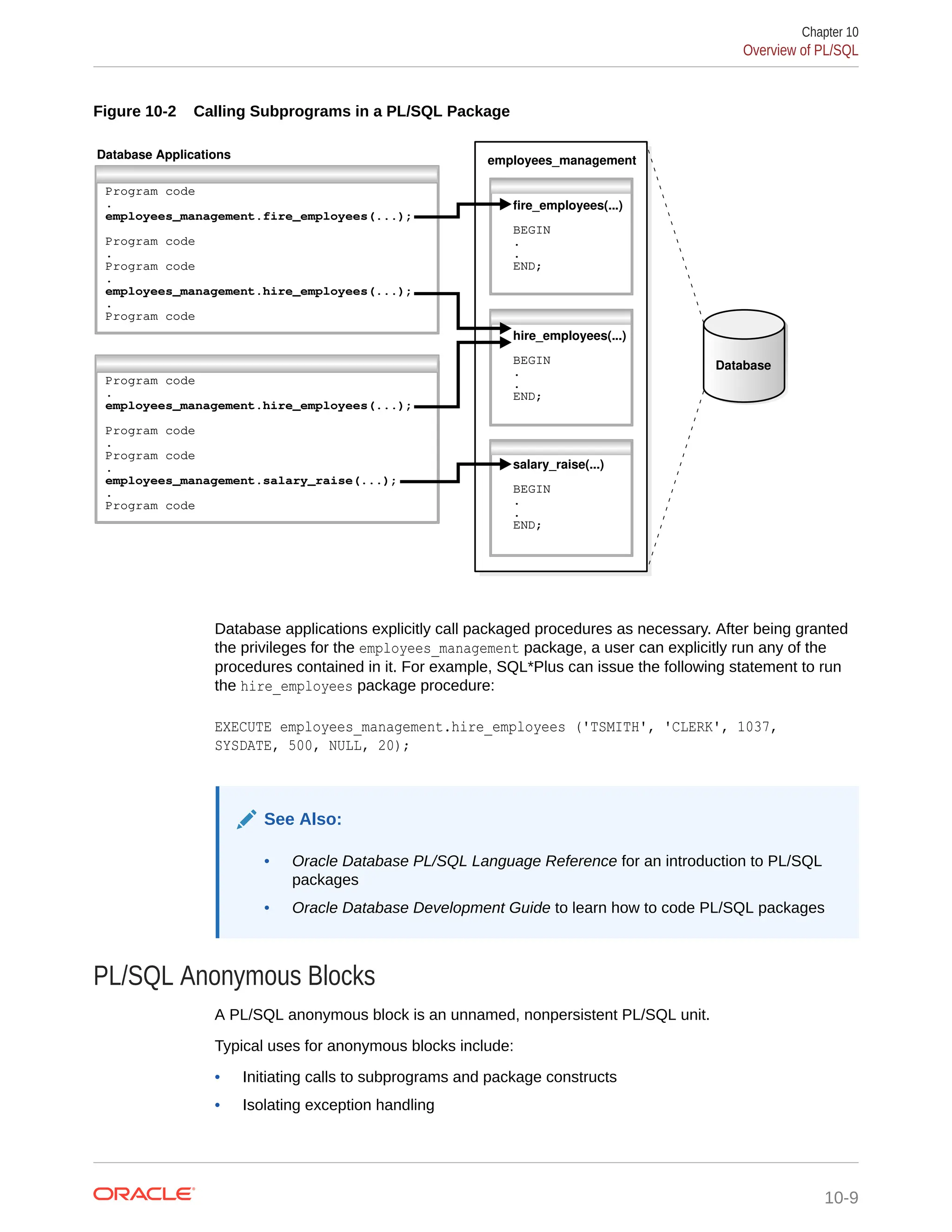 Figure 10-2 Calling Subprograms in a PL/SQL Package Database Applications employees_management Program code . employees_management.fire_employees(...); Program code . Program code . employees_management.hire_employees(...); . Program code Program code . employees_management.hire_employees(...); Program code . Program code . employees_management.salary_raise(...); . Program code Database BEGIN fire_employees(...) . . END; hire_employees(...) BEGIN . . END; salary_raise(...) BEGIN . . END; Database applications explicitly call packaged procedures as necessary. After being granted the privileges for the employees_management package, a user can explicitly run any of the procedures contained in it. For example, SQL*Plus can issue the following statement to run the hire_employees package procedure: EXECUTE employees_management.hire_employees ('TSMITH', 'CLERK', 1037, SYSDATE, 500, NULL, 20); See Also: • Oracle Database PL/SQL Language Reference for an introduction to PL/SQL packages • Oracle Database Development Guide to learn how to code PL/SQL packages PL/SQL Anonymous Blocks A PL/SQL anonymous block is an unnamed, nonpersistent PL/SQL unit. Typical uses for anonymous blocks include: • Initiating calls to subprograms and package constructs • Isolating exception handling Chapter 10 Overview of PL/SQL 10-9 