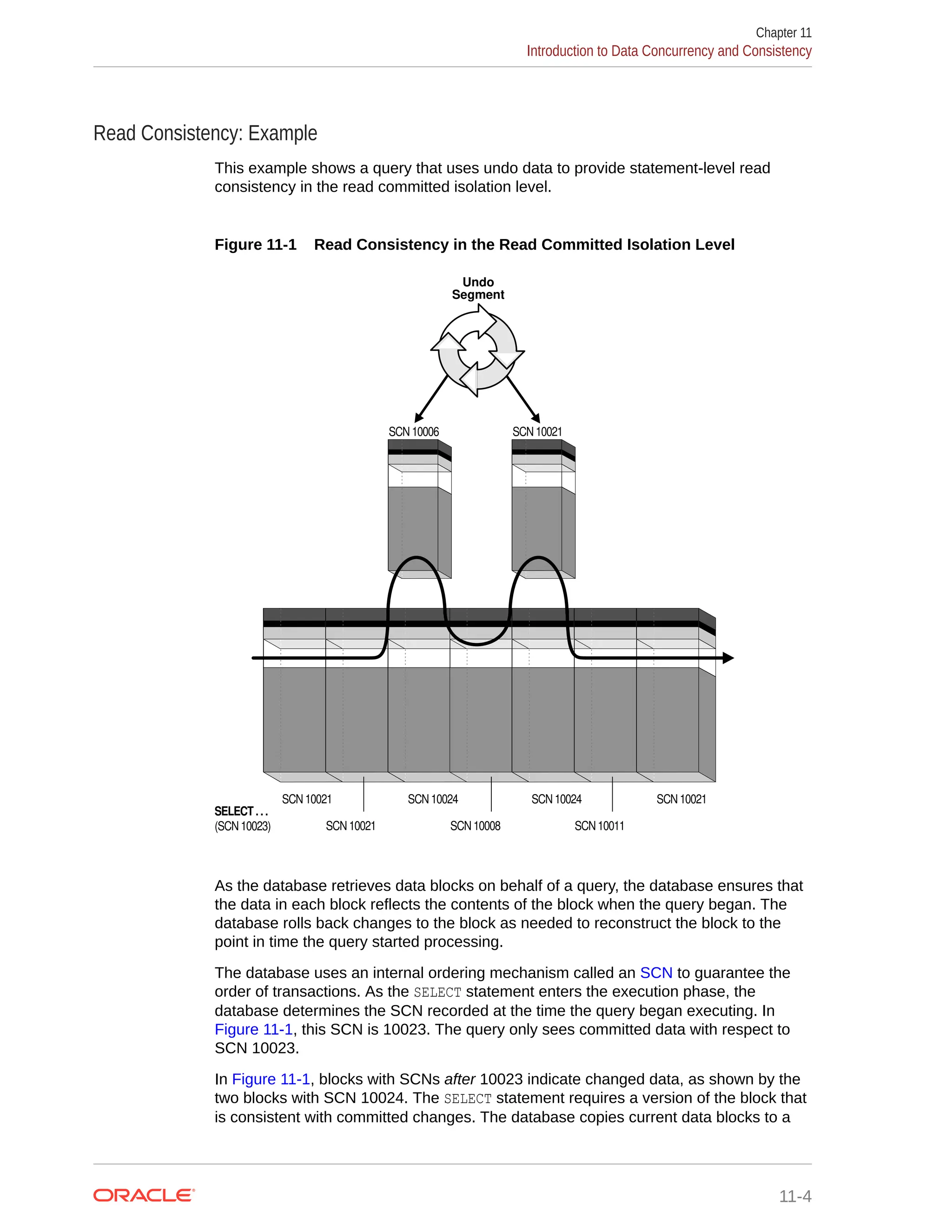 Read Consistency: Example This example shows a query that uses undo data to provide statement-level read consistency in the read committed isolation level. Figure 11-1 Read Consistency in the Read Committed Isolation Level SELECT . . . (SCN 10023) Undo Segment SCN 10021 SCN 10021 SCN 10024 SCN 10008 SCN 10024 SCN 10011 SCN 10021 SCN 10021 SCN 10006 As the database retrieves data blocks on behalf of a query, the database ensures that the data in each block reflects the contents of the block when the query began. The database rolls back changes to the block as needed to reconstruct the block to the point in time the query started processing. The database uses an internal ordering mechanism called an SCN to guarantee the order of transactions. As the SELECT statement enters the execution phase, the database determines the SCN recorded at the time the query began executing. In Figure 11-1, this SCN is 10023. The query only sees committed data with respect to SCN 10023. In Figure 11-1, blocks with SCNs after 10023 indicate changed data, as shown by the two blocks with SCN 10024. The SELECT statement requires a version of the block that is consistent with committed changes. The database copies current data blocks to a Chapter 11 Introduction to Data Concurrency and Consistency 11-4 