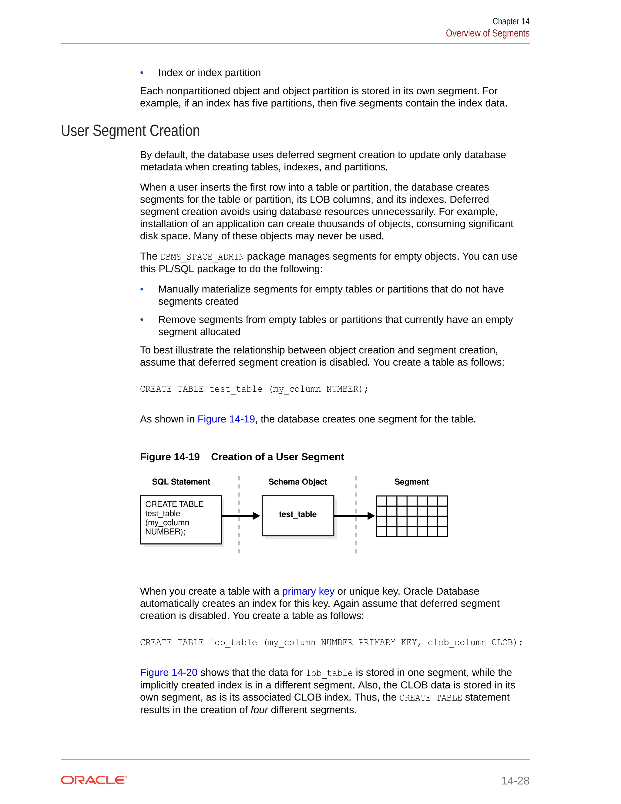 • Index or index partition Each nonpartitioned object and object partition is stored in its own segment. For example, if an index has five partitions, then five segments contain the index data. User Segment Creation By default, the database uses deferred segment creation to update only database metadata when creating tables, indexes, and partitions. When a user inserts the first row into a table or partition, the database creates segments for the table or partition, its LOB columns, and its indexes. Deferred segment creation avoids using database resources unnecessarily. For example, installation of an application can create thousands of objects, consuming significant disk space. Many of these objects may never be used. The DBMS_SPACE_ADMIN package manages segments for empty objects. You can use this PL/SQL package to do the following: • Manually materialize segments for empty tables or partitions that do not have segments created • Remove segments from empty tables or partitions that currently have an empty segment allocated To best illustrate the relationship between object creation and segment creation, assume that deferred segment creation is disabled. You create a table as follows: CREATE TABLE test_table (my_column NUMBER); As shown in Figure 14-19, the database creates one segment for the table. Figure 14-19 Creation of a User Segment Segment Schema Object SQL Statement test_table CREATE TABLE test_table (my_column NUMBER); When you create a table with a primary key or unique key, Oracle Database automatically creates an index for this key. Again assume that deferred segment creation is disabled. You create a table as follows: CREATE TABLE lob_table (my_column NUMBER PRIMARY KEY, clob_column CLOB); Figure 14-20 shows that the data for lob_table is stored in one segment, while the implicitly created index is in a different segment. Also, the CLOB data is stored in its own segment, as is its associated CLOB index. Thus, the CREATE TABLE statement results in the creation of four different segments. Chapter 14 Overview of Segments 14-28 