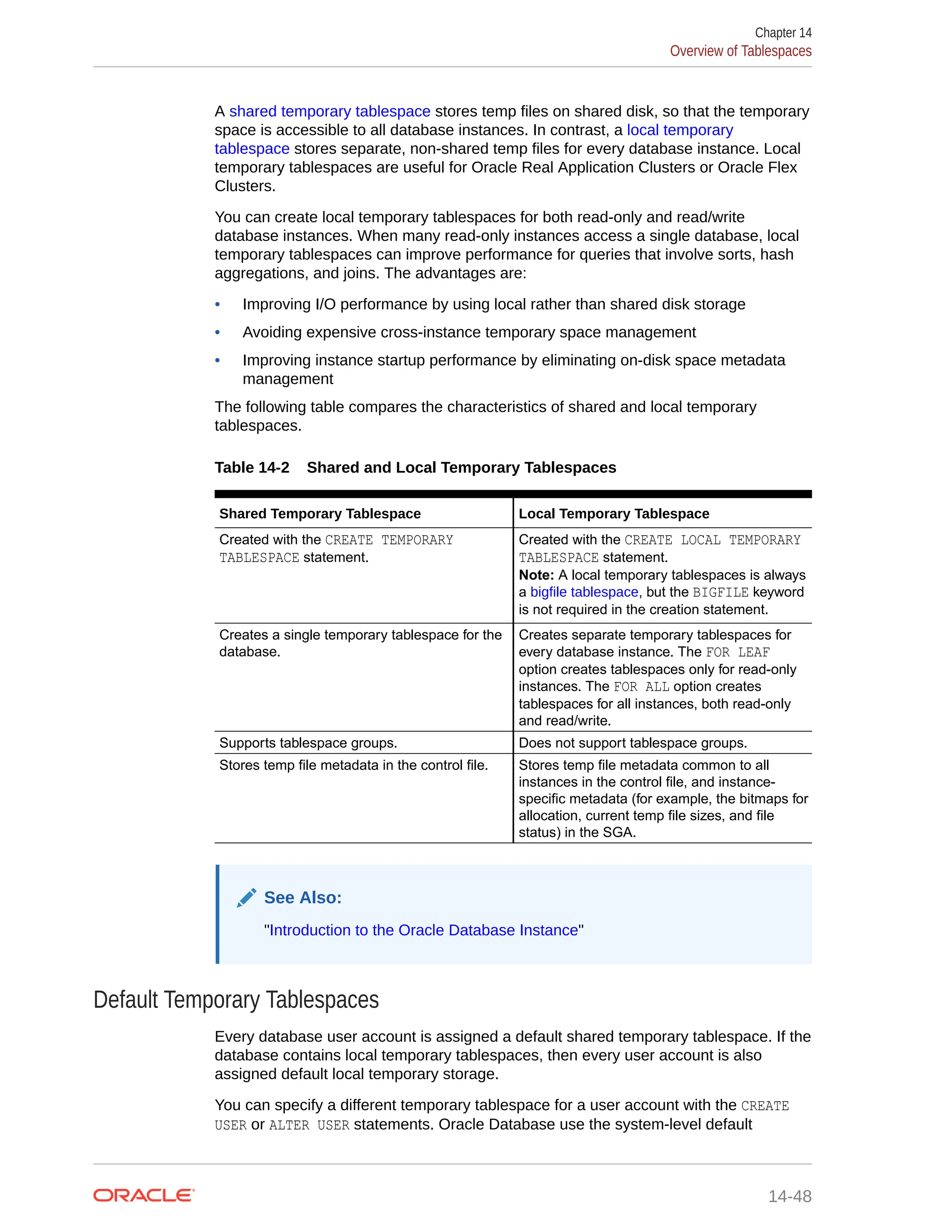 A shared temporary tablespace stores temp files on shared disk, so that the temporary space is accessible to all database instances. In contrast, a local temporary tablespace stores separate, non-shared temp files for every database instance. Local temporary tablespaces are useful for Oracle Real Application Clusters or Oracle Flex Clusters. You can create local temporary tablespaces for both read-only and read/write database instances. When many read-only instances access a single database, local temporary tablespaces can improve performance for queries that involve sorts, hash aggregations, and joins. The advantages are: • Improving I/O performance by using local rather than shared disk storage • Avoiding expensive cross-instance temporary space management • Improving instance startup performance by eliminating on-disk space metadata management The following table compares the characteristics of shared and local temporary tablespaces. Table 14-2 Shared and Local Temporary Tablespaces Shared Temporary Tablespace Local Temporary Tablespace Created with the CREATE TEMPORARY TABLESPACE statement. Created with the CREATE LOCAL TEMPORARY TABLESPACE statement. Note: A local temporary tablespaces is always a bigfile tablespace, but the BIGFILE keyword is not required in the creation statement. Creates a single temporary tablespace for the database. Creates separate temporary tablespaces for every database instance. The FOR LEAF option creates tablespaces only for read-only instances. The FOR ALL option creates tablespaces for all instances, both read-only and read/write. Supports tablespace groups. Does not support tablespace groups. Stores temp file metadata in the control file. Stores temp file metadata common to all instances in the control file, and instance- specific metadata (for example, the bitmaps for allocation, current temp file sizes, and file status) in the SGA. See Also: "Introduction to the Oracle Database Instance" Default Temporary Tablespaces Every database user account is assigned a default shared temporary tablespace. If the database contains local temporary tablespaces, then every user account is also assigned default local temporary storage. You can specify a different temporary tablespace for a user account with the CREATE USER or ALTER USER statements. Oracle Database use the system-level default Chapter 14 Overview of Tablespaces 14-48 