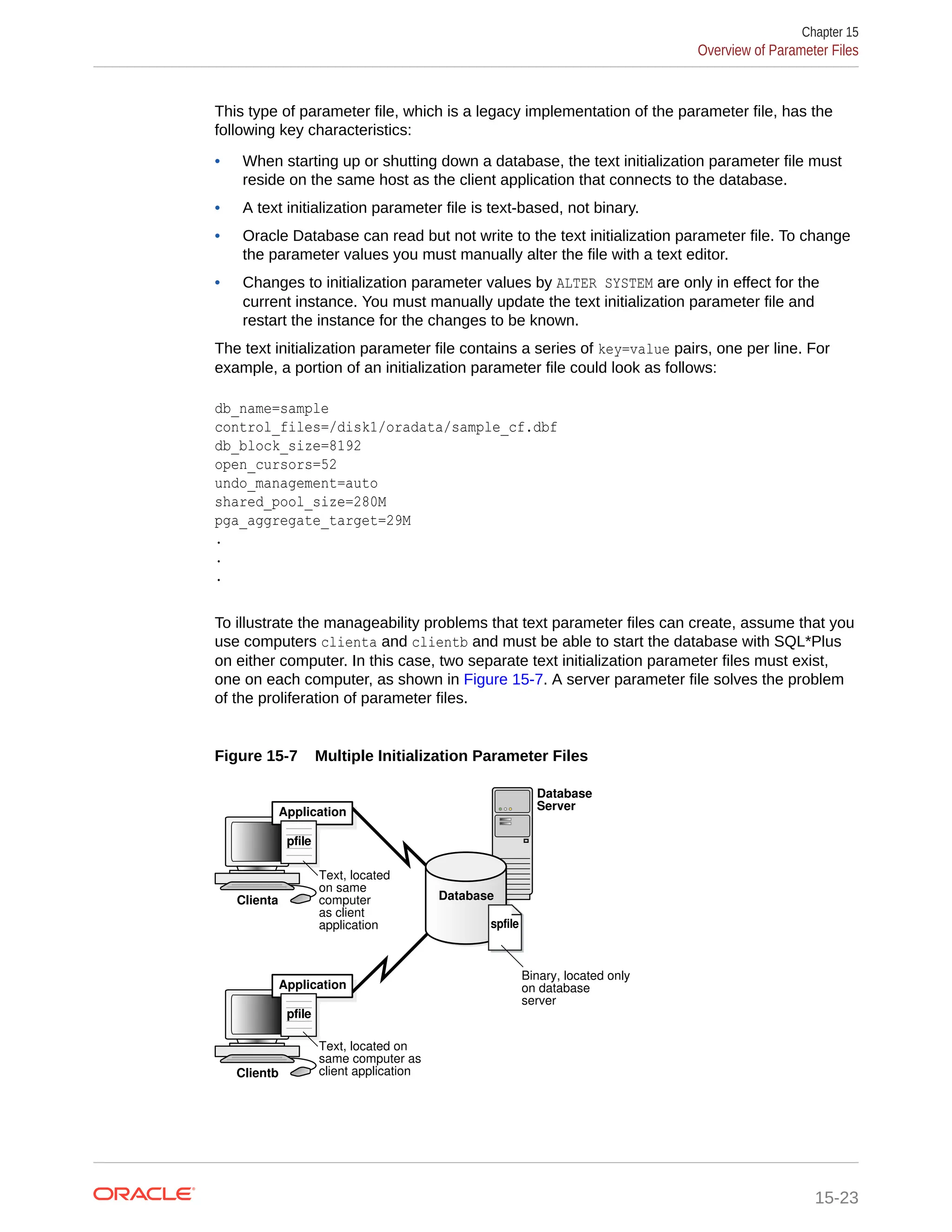 This type of parameter file, which is a legacy implementation of the parameter file, has the following key characteristics: • When starting up or shutting down a database, the text initialization parameter file must reside on the same host as the client application that connects to the database. • A text initialization parameter file is text-based, not binary. • Oracle Database can read but not write to the text initialization parameter file. To change the parameter values you must manually alter the file with a text editor. • Changes to initialization parameter values by ALTER SYSTEM are only in effect for the current instance. You must manually update the text initialization parameter file and restart the instance for the changes to be known. The text initialization parameter file contains a series of key=value pairs, one per line. For example, a portion of an initialization parameter file could look as follows: db_name=sample control_files=/disk1/oradata/sample_cf.dbf db_block_size=8192 open_cursors=52 undo_management=auto shared_pool_size=280M pga_aggregate_target=29M . . . To illustrate the manageability problems that text parameter files can create, assume that you use computers clienta and clientb and must be able to start the database with SQL*Plus on either computer. In this case, two separate text initialization parameter files must exist, one on each computer, as shown in Figure 15-7. A server parameter file solves the problem of the proliferation of parameter files. Figure 15-7 Multiple Initialization Parameter Files Application pfile Database spfile Binary, located only on database server Clientb Application pfile Text, located on same computer as client application Text, located on same computer as client application Clienta Database Server Chapter 15 Overview of Parameter Files 15-23 