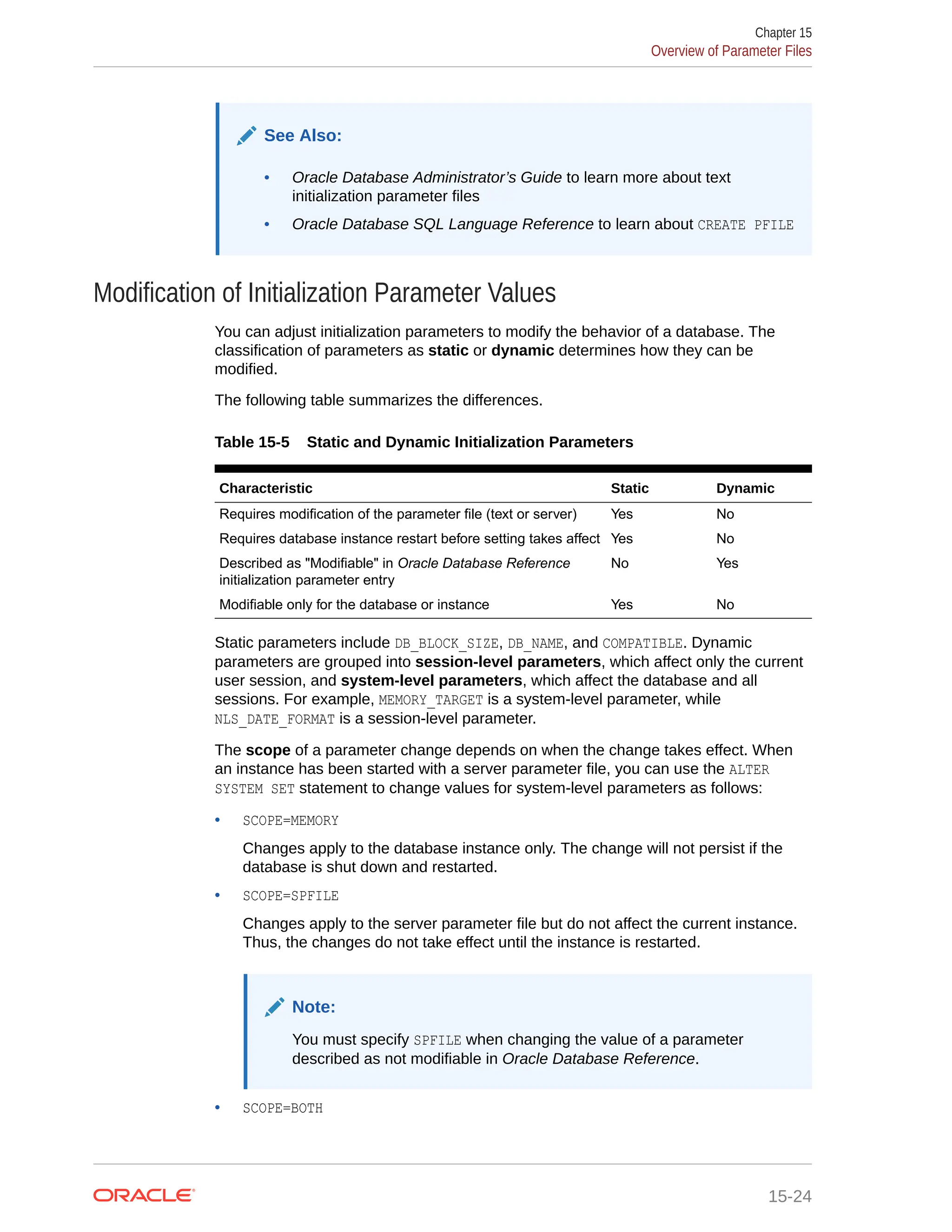 See Also: • Oracle Database Administrator’s Guide to learn more about text initialization parameter files • Oracle Database SQL Language Reference to learn about CREATE PFILE Modification of Initialization Parameter Values You can adjust initialization parameters to modify the behavior of a database. The classification of parameters as static or dynamic determines how they can be modified. The following table summarizes the differences. Table 15-5 Static and Dynamic Initialization Parameters Characteristic Static Dynamic Requires modification of the parameter file (text or server) Yes No Requires database instance restart before setting takes affect Yes No Described as "Modifiable" in Oracle Database Reference initialization parameter entry No Yes Modifiable only for the database or instance Yes No Static parameters include DB_BLOCK_SIZE, DB_NAME, and COMPATIBLE. Dynamic parameters are grouped into session-level parameters, which affect only the current user session, and system-level parameters, which affect the database and all sessions. For example, MEMORY_TARGET is a system-level parameter, while NLS_DATE_FORMAT is a session-level parameter. The scope of a parameter change depends on when the change takes effect. When an instance has been started with a server parameter file, you can use the ALTER SYSTEM SET statement to change values for system-level parameters as follows: • SCOPE=MEMORY Changes apply to the database instance only. The change will not persist if the database is shut down and restarted. • SCOPE=SPFILE Changes apply to the server parameter file but do not affect the current instance. Thus, the changes do not take effect until the instance is restarted. Note: You must specify SPFILE when changing the value of a parameter described as not modifiable in Oracle Database Reference. • SCOPE=BOTH Chapter 15 Overview of Parameter Files 15-24 