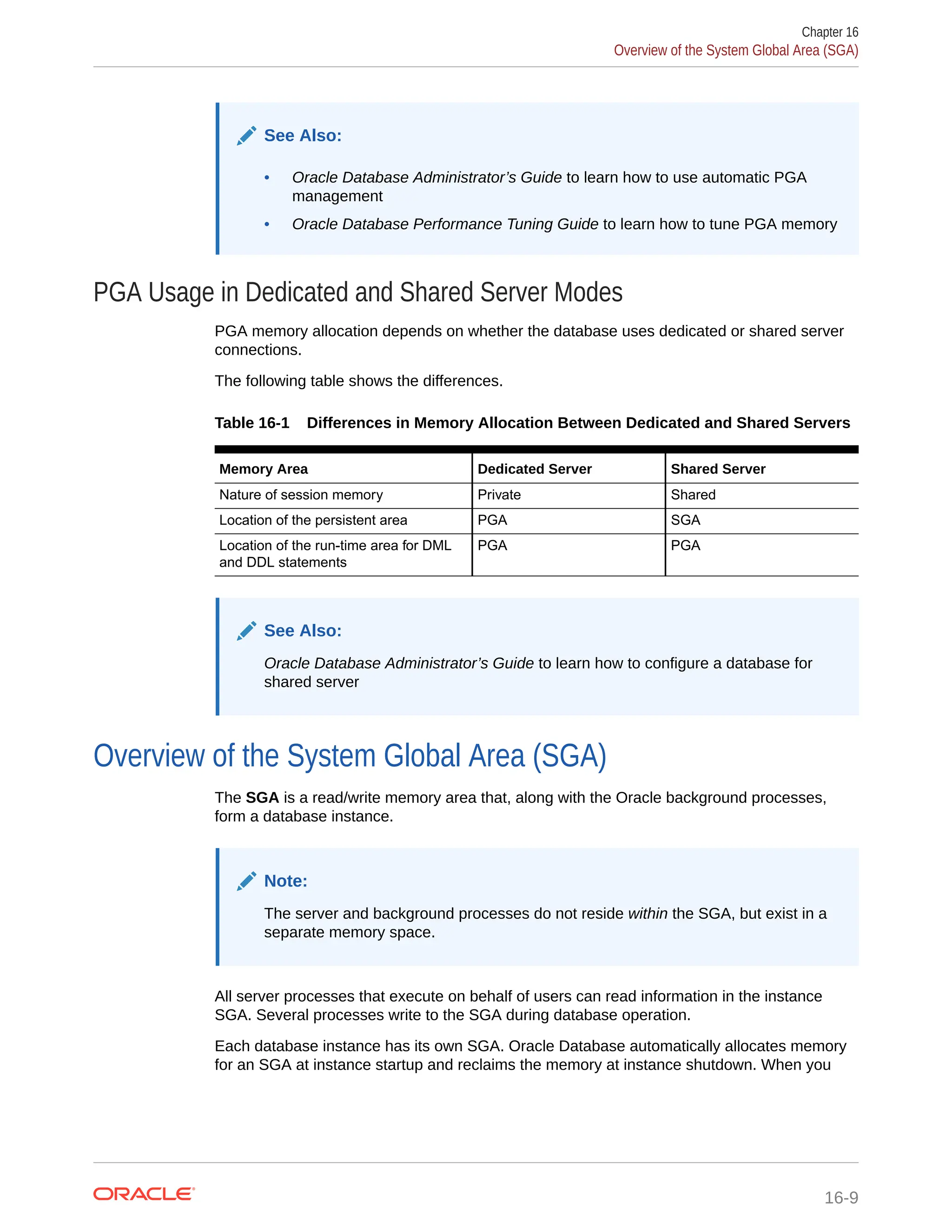 See Also: • Oracle Database Administrator’s Guide to learn how to use automatic PGA management • Oracle Database Performance Tuning Guide to learn how to tune PGA memory PGA Usage in Dedicated and Shared Server Modes PGA memory allocation depends on whether the database uses dedicated or shared server connections. The following table shows the differences. Table 16-1 Differences in Memory Allocation Between Dedicated and Shared Servers Memory Area Dedicated Server Shared Server Nature of session memory Private Shared Location of the persistent area PGA SGA Location of the run-time area for DML and DDL statements PGA PGA See Also: Oracle Database Administrator’s Guide to learn how to configure a database for shared server Overview of the System Global Area (SGA) The SGA is a read/write memory area that, along with the Oracle background processes, form a database instance. Note: The server and background processes do not reside within the SGA, but exist in a separate memory space. All server processes that execute on behalf of users can read information in the instance SGA. Several processes write to the SGA during database operation. Each database instance has its own SGA. Oracle Database automatically allocates memory for an SGA at instance startup and reclaims the memory at instance shutdown. When you Chapter 16 Overview of the System Global Area (SGA) 16-9 