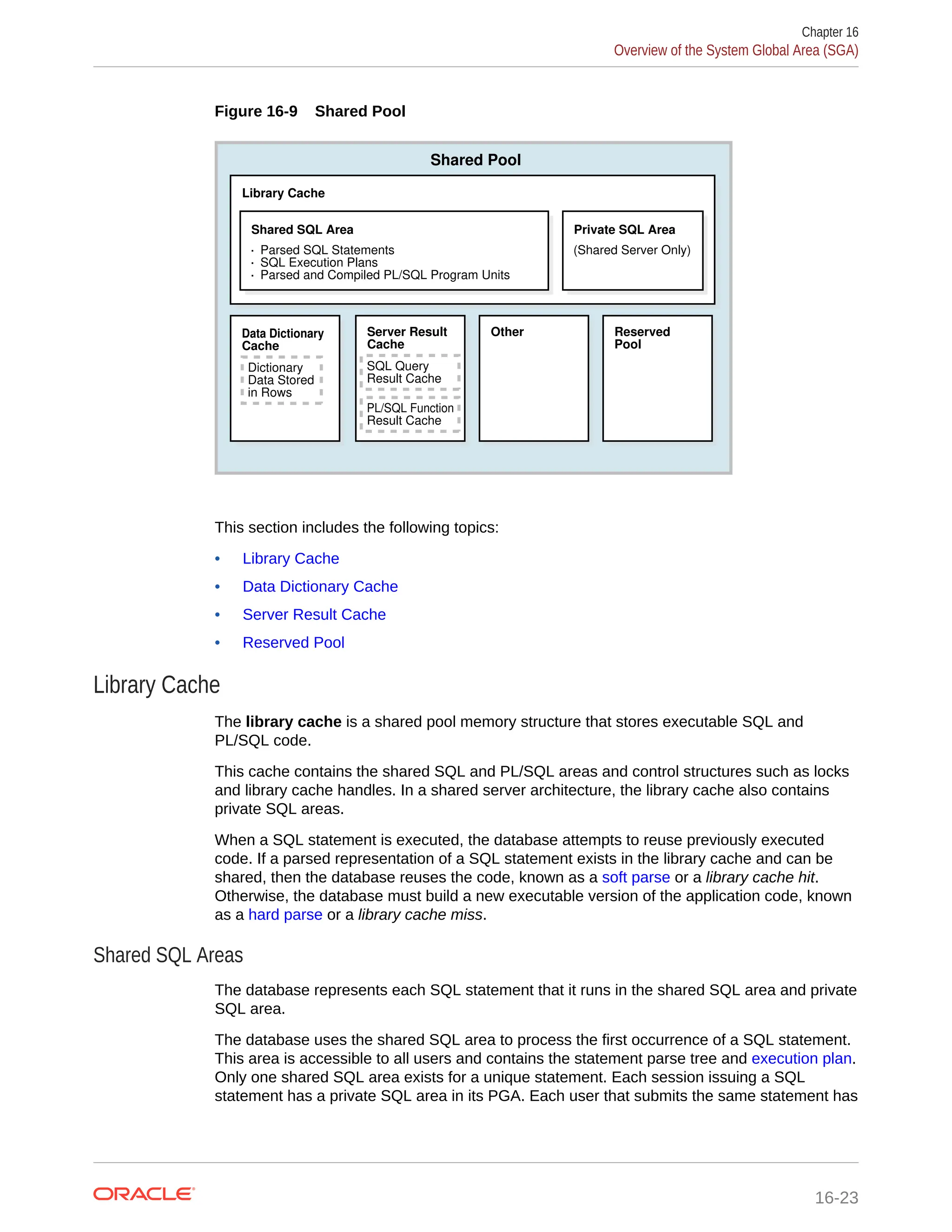 Figure 16-9 Shared Pool Shared Pool (Shared Server Only) Private SQL Area · Parsed SQL Statements · SQL Execution Plans · Parsed and Compiled PL/SQL Program Units Shared SQL Area Library Cache Dictionary Data Stored in Rows Data Dictionary Cache SQL Query Result Cache PL/SQL Function Result Cache Server Result Cache Other Reserved Pool This section includes the following topics: • Library Cache • Data Dictionary Cache • Server Result Cache • Reserved Pool Library Cache The library cache is a shared pool memory structure that stores executable SQL and PL/SQL code. This cache contains the shared SQL and PL/SQL areas and control structures such as locks and library cache handles. In a shared server architecture, the library cache also contains private SQL areas. When a SQL statement is executed, the database attempts to reuse previously executed code. If a parsed representation of a SQL statement exists in the library cache and can be shared, then the database reuses the code, known as a soft parse or a library cache hit. Otherwise, the database must build a new executable version of the application code, known as a hard parse or a library cache miss. Shared SQL Areas The database represents each SQL statement that it runs in the shared SQL area and private SQL area. The database uses the shared SQL area to process the first occurrence of a SQL statement. This area is accessible to all users and contains the statement parse tree and execution plan. Only one shared SQL area exists for a unique statement. Each session issuing a SQL statement has a private SQL area in its PGA. Each user that submits the same statement has Chapter 16 Overview of the System Global Area (SGA) 16-23 