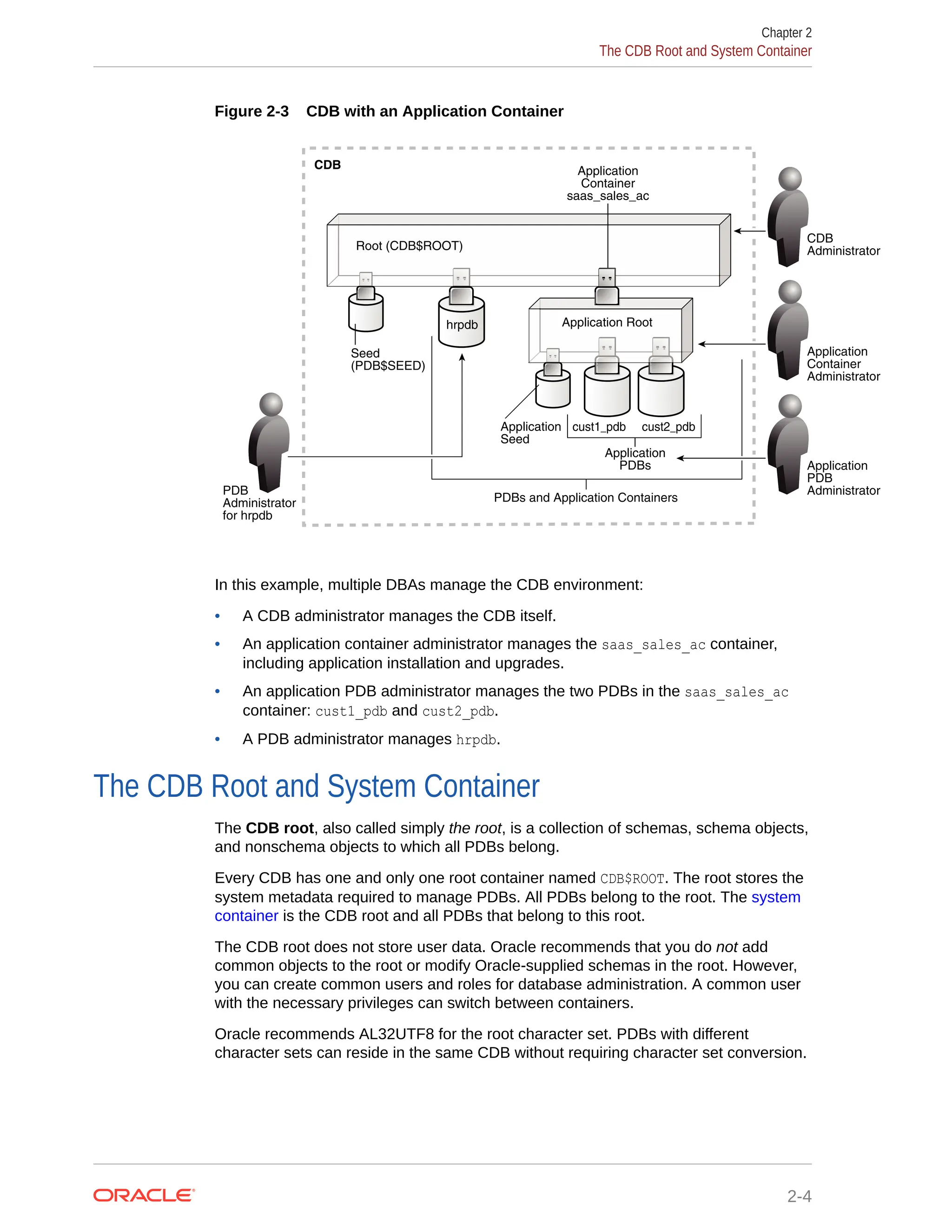 Figure 2-3 CDB with an Application Container PDBs and Application Containers CDB Seed (PDB$SEED) Root (CDB$ROOT) Application Container saas_sales_ac Application PDBs Application Root hrpdb cust1_pdb cust2_pdb PDB Administrator for hrpdb Application PDB Administrator CDB Administrator Application Container Administrator Application Seed In this example, multiple DBAs manage the CDB environment: • A CDB administrator manages the CDB itself. • An application container administrator manages the saas_sales_ac container, including application installation and upgrades. • An application PDB administrator manages the two PDBs in the saas_sales_ac container: cust1_pdb and cust2_pdb. • A PDB administrator manages hrpdb. The CDB Root and System Container The CDB root, also called simply the root, is a collection of schemas, schema objects, and nonschema objects to which all PDBs belong. Every CDB has one and only one root container named CDB$ROOT. The root stores the system metadata required to manage PDBs. All PDBs belong to the root. The system container is the CDB root and all PDBs that belong to this root. The CDB root does not store user data. Oracle recommends that you do not add common objects to the root or modify Oracle-supplied schemas in the root. However, you can create common users and roles for database administration. A common user with the necessary privileges can switch between containers. Oracle recommends AL32UTF8 for the root character set. PDBs with different character sets can reside in the same CDB without requiring character set conversion. Chapter 2 The CDB Root and System Container 2-4 