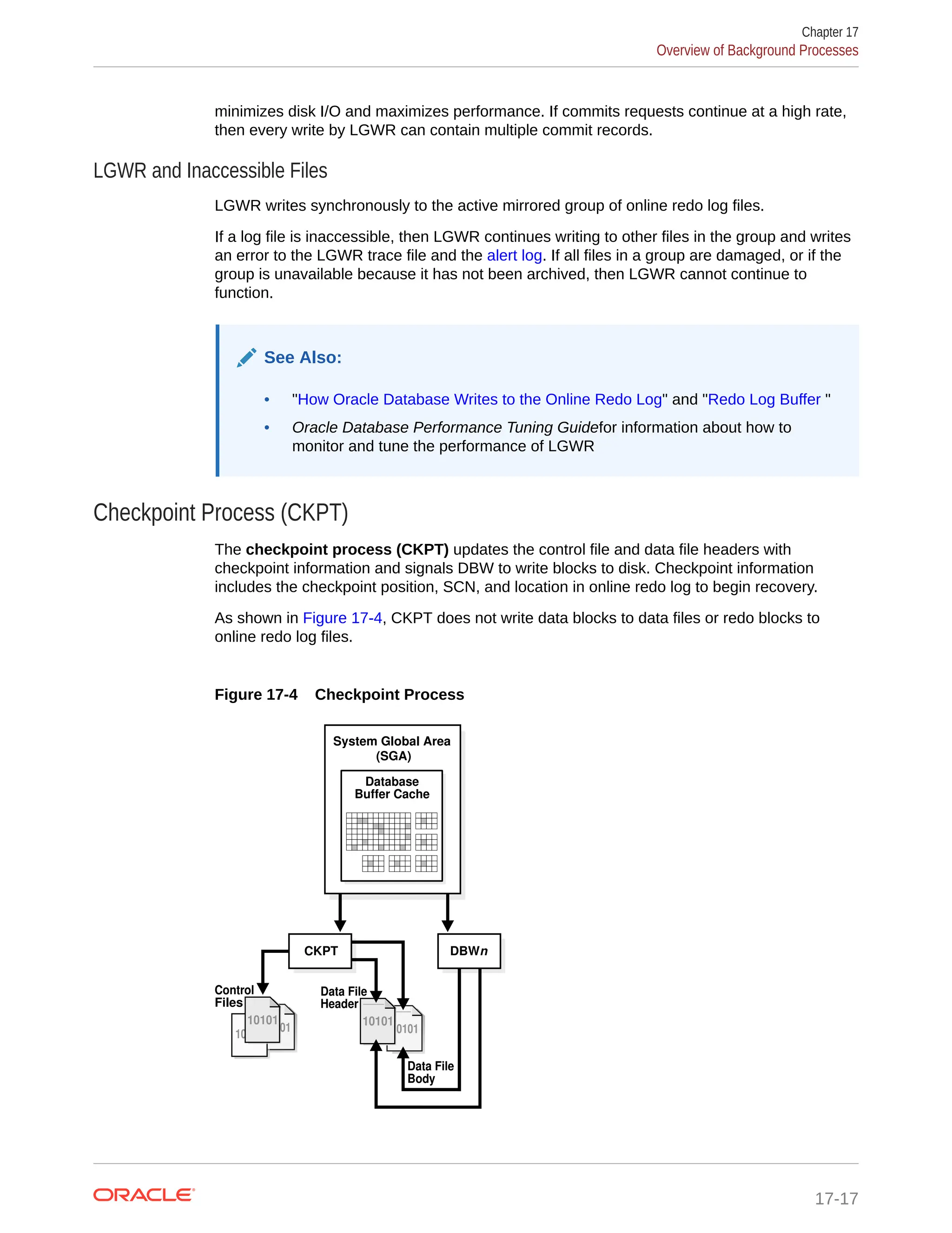 minimizes disk I/O and maximizes performance. If commits requests continue at a high rate, then every write by LGWR can contain multiple commit records. LGWR and Inaccessible Files LGWR writes synchronously to the active mirrored group of online redo log files. If a log file is inaccessible, then LGWR continues writing to other files in the group and writes an error to the LGWR trace file and the alert log. If all files in a group are damaged, or if the group is unavailable because it has not been archived, then LGWR cannot continue to function. See Also: • "How Oracle Database Writes to the Online Redo Log" and "Redo Log Buffer " • Oracle Database Performance Tuning Guidefor information about how to monitor and tune the performance of LGWR Checkpoint Process (CKPT) The checkpoint process (CKPT) updates the control file and data file headers with checkpoint information and signals DBW to write blocks to disk. Checkpoint information includes the checkpoint position, SCN, and location in online redo log to begin recovery. As shown in Figure 17-4, CKPT does not write data blocks to data files or redo blocks to online redo log files. Figure 17-4 Checkpoint Process Data File Body 10101 10101 10101 10101 10101 Control Files 10101 10101 10101 Data File Header CKPT DBWn System Global Area (SGA) Database Buffer Cache Chapter 17 Overview of Background Processes 17-17 