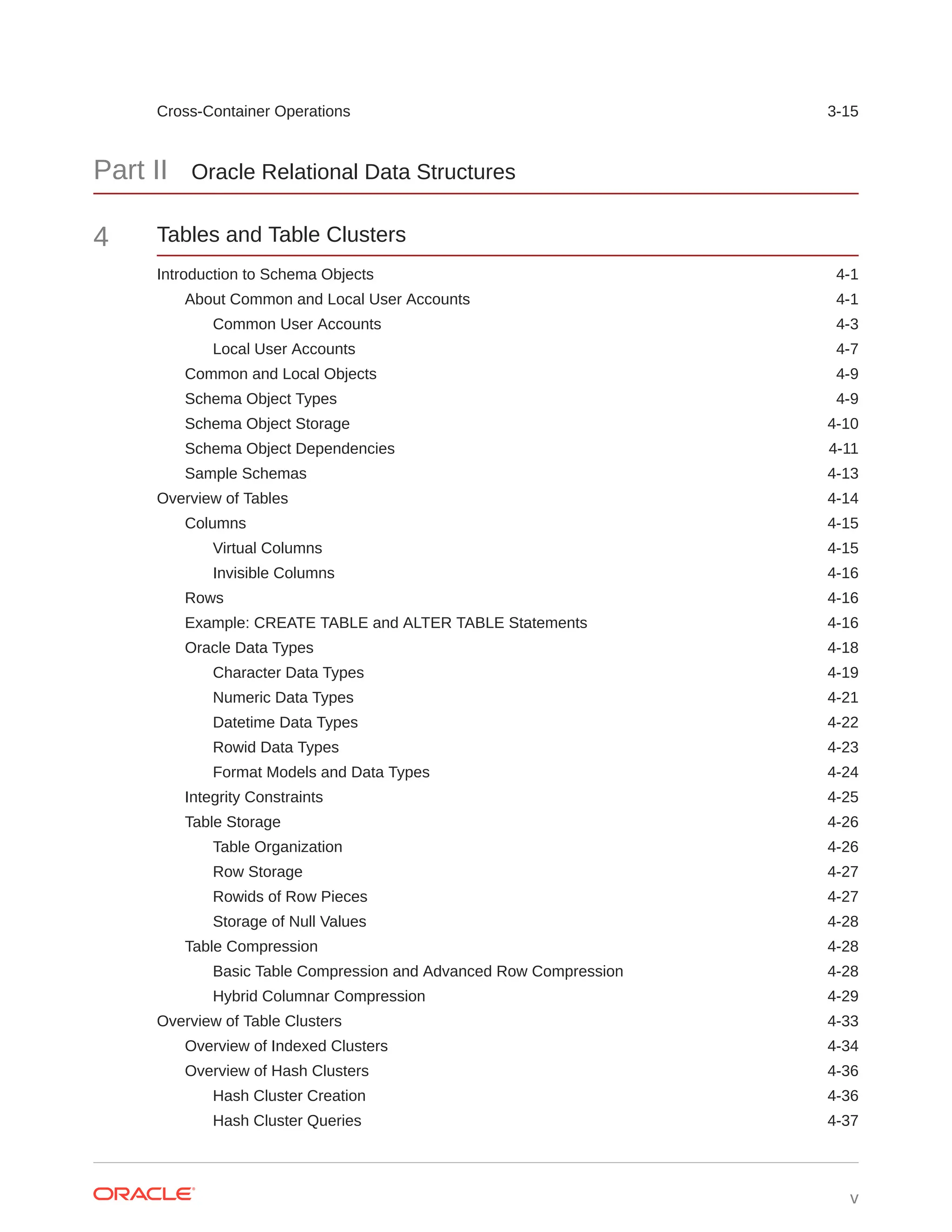 Cross-Container Operations 3-15 Part II Oracle Relational Data Structures 4 Tables and Table Clusters Introduction to Schema Objects 4-1 About Common and Local User Accounts 4-1 Common User Accounts 4-3 Local User Accounts 4-7 Common and Local Objects 4-9 Schema Object Types 4-9 Schema Object Storage 4-10 Schema Object Dependencies 4-11 Sample Schemas 4-13 Overview of Tables 4-14 Columns 4-15 Virtual Columns 4-15 Invisible Columns 4-16 Rows 4-16 Example: CREATE TABLE and ALTER TABLE Statements 4-16 Oracle Data Types 4-18 Character Data Types 4-19 Numeric Data Types 4-21 Datetime Data Types 4-22 Rowid Data Types 4-23 Format Models and Data Types 4-24 Integrity Constraints 4-25 Table Storage 4-26 Table Organization 4-26 Row Storage 4-27 Rowids of Row Pieces 4-27 Storage of Null Values 4-28 Table Compression 4-28 Basic Table Compression and Advanced Row Compression 4-28 Hybrid Columnar Compression 4-29 Overview of Table Clusters 4-33 Overview of Indexed Clusters 4-34 Overview of Hash Clusters 4-36 Hash Cluster Creation 4-36 Hash Cluster Queries 4-37 v 