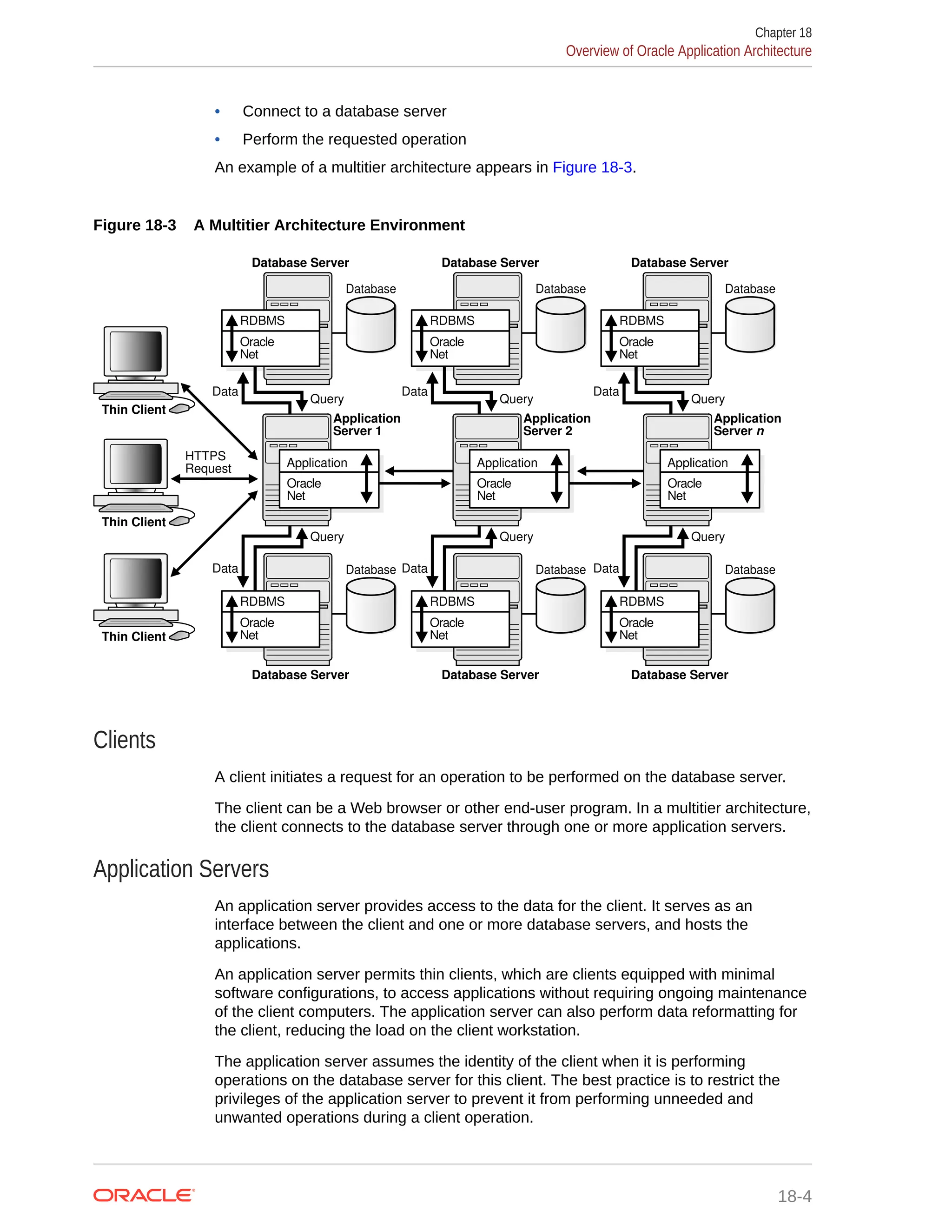 • Connect to a database server • Perform the requested operation An example of a multitier architecture appears in Figure 18-3. Figure 18-3 A Multitier Architecture Environment Thin Client Thin Client Thin Client Database Server HTTPS Request Query Data Net8 Application Server 1 Oracle Net Application Net8 Application Server 2 Oracle Net Application Net8 Application Server n Oracle Net Application RDBMS Oracle Net Database Database Server RDBMS Oracle Net Database Database Server RDBMS Oracle Net Database Database Server RDBMS Oracle Net Database Database Server RDBMS Oracle Net Database Database Server RDBMS Oracle Net Database Query Data Query Data Query Data Query Data Query Data Clients A client initiates a request for an operation to be performed on the database server. The client can be a Web browser or other end-user program. In a multitier architecture, the client connects to the database server through one or more application servers. Application Servers An application server provides access to the data for the client. It serves as an interface between the client and one or more database servers, and hosts the applications. An application server permits thin clients, which are clients equipped with minimal software configurations, to access applications without requiring ongoing maintenance of the client computers. The application server can also perform data reformatting for the client, reducing the load on the client workstation. The application server assumes the identity of the client when it is performing operations on the database server for this client. The best practice is to restrict the privileges of the application server to prevent it from performing unneeded and unwanted operations during a client operation. Chapter 18 Overview of Oracle Application Architecture 18-4 