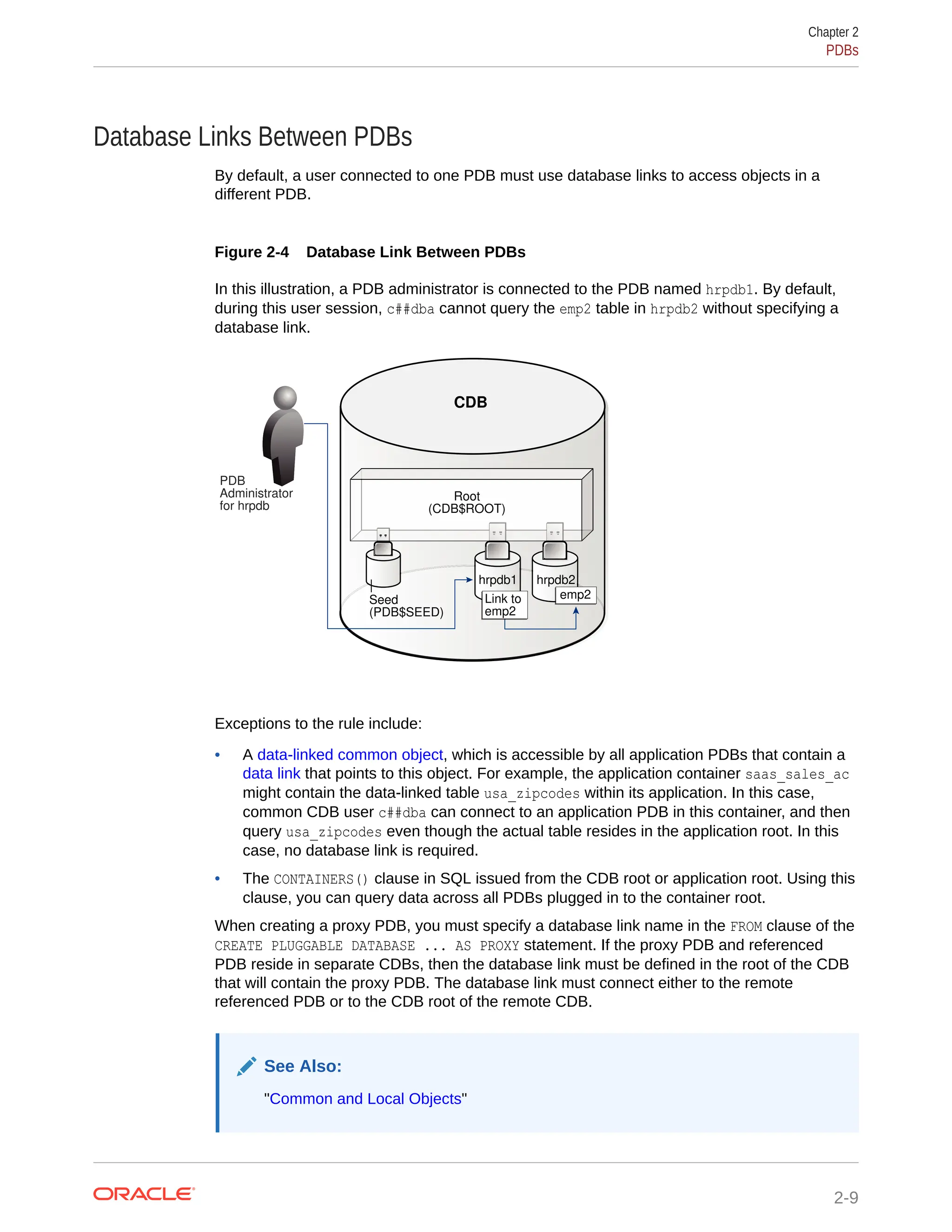 Database Links Between PDBs By default, a user connected to one PDB must use database links to access objects in a different PDB. Figure 2-4 Database Link Between PDBs In this illustration, a PDB administrator is connected to the PDB named hrpdb1. By default, during this user session, c##dba cannot query the emp2 table in hrpdb2 without specifying a database link. Seed (PDB$SEED) Root (CDB$ROOT) hrpdb1 hrpdb2 CDB PDB Administrator for hrpdb emp2 Link to emp2 Exceptions to the rule include: • A data-linked common object, which is accessible by all application PDBs that contain a data link that points to this object. For example, the application container saas_sales_ac might contain the data-linked table usa_zipcodes within its application. In this case, common CDB user c##dba can connect to an application PDB in this container, and then query usa_zipcodes even though the actual table resides in the application root. In this case, no database link is required. • The CONTAINERS() clause in SQL issued from the CDB root or application root. Using this clause, you can query data across all PDBs plugged in to the container root. When creating a proxy PDB, you must specify a database link name in the FROM clause of the CREATE PLUGGABLE DATABASE ... AS PROXY statement. If the proxy PDB and referenced PDB reside in separate CDBs, then the database link must be defined in the root of the CDB that will contain the proxy PDB. The database link must connect either to the remote referenced PDB or to the CDB root of the remote CDB. See Also: "Common and Local Objects" Chapter 2 PDBs 2-9 