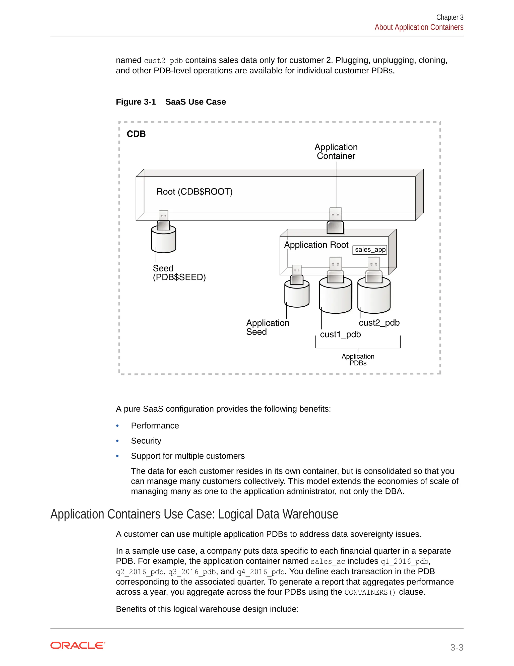 named cust2_pdb contains sales data only for customer 2. Plugging, unplugging, cloning, and other PDB-level operations are available for individual customer PDBs. Figure 3-1 SaaS Use Case CDB Seed (PDB$SEED) Application Container cust1_pdb cust2_pdb Application Seed sales_app Application Root Application PDBs Root (CDB$ROOT) A pure SaaS configuration provides the following benefits: • Performance • Security • Support for multiple customers The data for each customer resides in its own container, but is consolidated so that you can manage many customers collectively. This model extends the economies of scale of managing many as one to the application administrator, not only the DBA. Application Containers Use Case: Logical Data Warehouse A customer can use multiple application PDBs to address data sovereignty issues. In a sample use case, a company puts data specific to each financial quarter in a separate PDB. For example, the application container named sales_ac includes q1_2016_pdb, q2_2016_pdb, q3_2016_pdb, and q4_2016_pdb. You define each transaction in the PDB corresponding to the associated quarter. To generate a report that aggregates performance across a year, you aggregate across the four PDBs using the CONTAINERS() clause. Benefits of this logical warehouse design include: Chapter 3 About Application Containers 3-3 