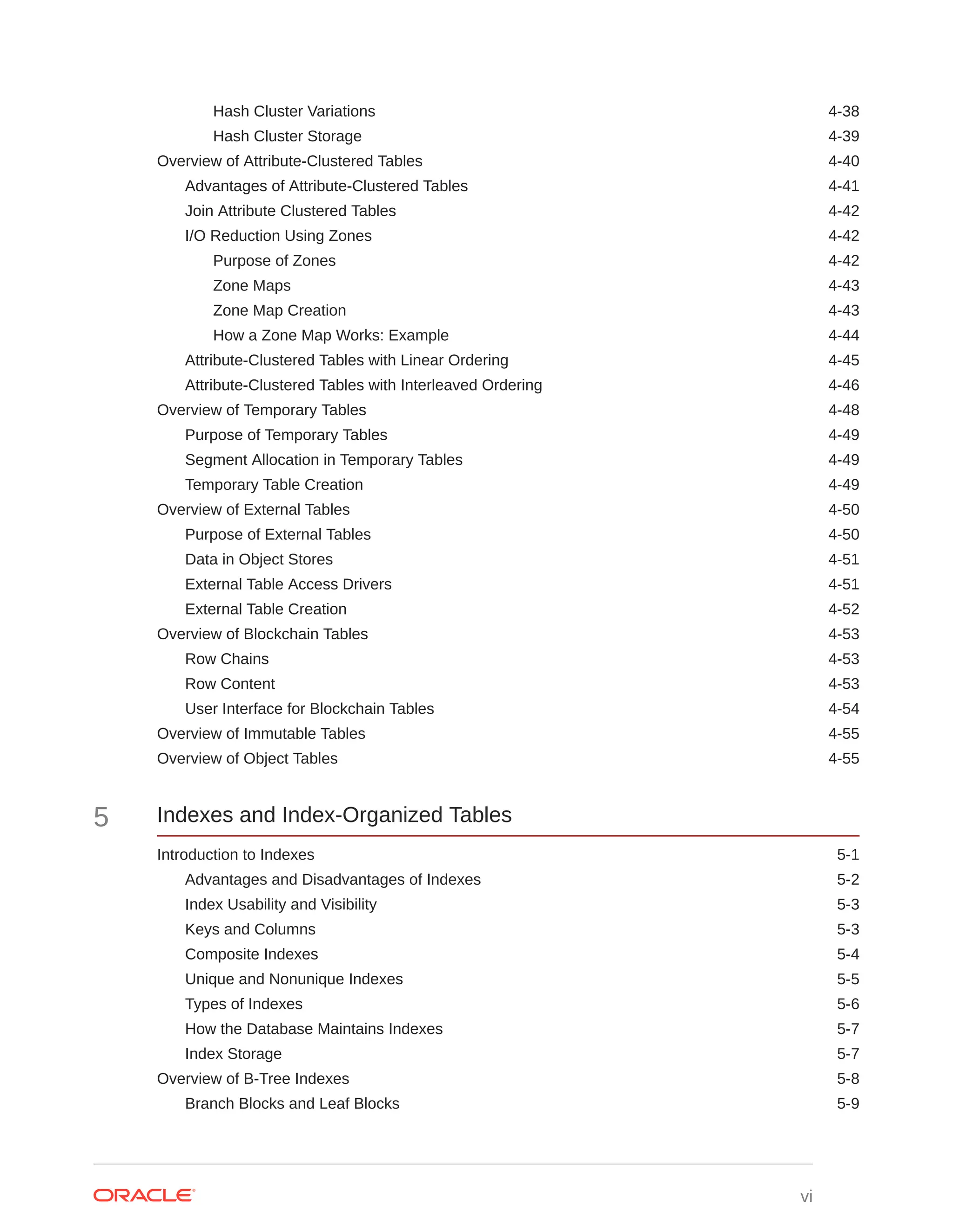 Hash Cluster Variations 4-38 Hash Cluster Storage 4-39 Overview of Attribute-Clustered Tables 4-40 Advantages of Attribute-Clustered Tables 4-41 Join Attribute Clustered Tables 4-42 I/O Reduction Using Zones 4-42 Purpose of Zones 4-42 Zone Maps 4-43 Zone Map Creation 4-43 How a Zone Map Works: Example 4-44 Attribute-Clustered Tables with Linear Ordering 4-45 Attribute-Clustered Tables with Interleaved Ordering 4-46 Overview of Temporary Tables 4-48 Purpose of Temporary Tables 4-49 Segment Allocation in Temporary Tables 4-49 Temporary Table Creation 4-49 Overview of External Tables 4-50 Purpose of External Tables 4-50 Data in Object Stores 4-51 External Table Access Drivers 4-51 External Table Creation 4-52 Overview of Blockchain Tables 4-53 Row Chains 4-53 Row Content 4-53 User Interface for Blockchain Tables 4-54 Overview of Immutable Tables 4-55 Overview of Object Tables 4-55 5 Indexes and Index-Organized Tables Introduction to Indexes 5-1 Advantages and Disadvantages of Indexes 5-2 Index Usability and Visibility 5-3 Keys and Columns 5-3 Composite Indexes 5-4 Unique and Nonunique Indexes 5-5 Types of Indexes 5-6 How the Database Maintains Indexes 5-7 Index Storage 5-7 Overview of B-Tree Indexes 5-8 Branch Blocks and Leaf Blocks 5-9 vi 
