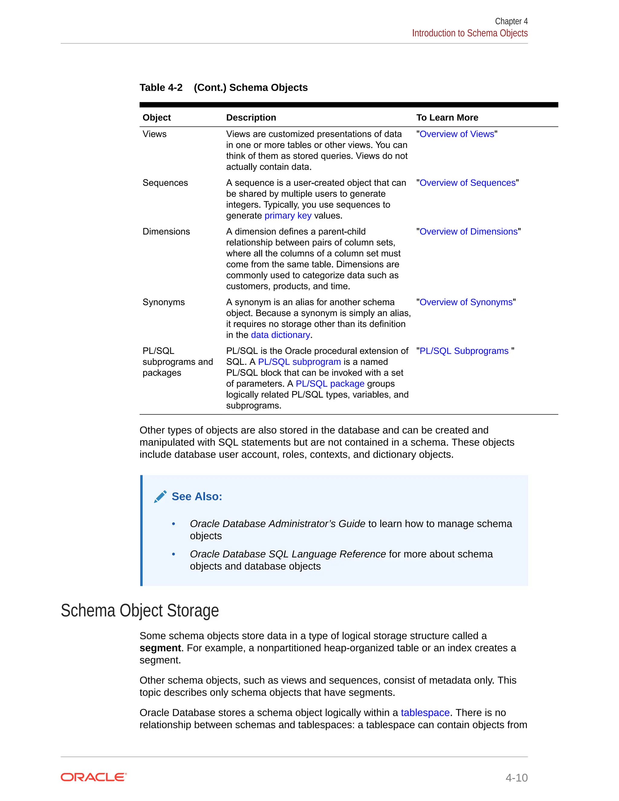 Table 4-2 (Cont.) Schema Objects Object Description To Learn More Views Views are customized presentations of data in one or more tables or other views. You can think of them as stored queries. Views do not actually contain data. "Overview of Views" Sequences A sequence is a user-created object that can be shared by multiple users to generate integers. Typically, you use sequences to generate primary key values. "Overview of Sequences" Dimensions A dimension defines a parent-child relationship between pairs of column sets, where all the columns of a column set must come from the same table. Dimensions are commonly used to categorize data such as customers, products, and time. "Overview of Dimensions" Synonyms A synonym is an alias for another schema object. Because a synonym is simply an alias, it requires no storage other than its definition in the data dictionary. "Overview of Synonyms" PL/SQL subprograms and packages PL/SQL is the Oracle procedural extension of SQL. A PL/SQL subprogram is a named PL/SQL block that can be invoked with a set of parameters. A PL/SQL package groups logically related PL/SQL types, variables, and subprograms. "PL/SQL Subprograms " Other types of objects are also stored in the database and can be created and manipulated with SQL statements but are not contained in a schema. These objects include database user account, roles, contexts, and dictionary objects. See Also: • Oracle Database Administrator’s Guide to learn how to manage schema objects • Oracle Database SQL Language Reference for more about schema objects and database objects Schema Object Storage Some schema objects store data in a type of logical storage structure called a segment. For example, a nonpartitioned heap-organized table or an index creates a segment. Other schema objects, such as views and sequences, consist of metadata only. This topic describes only schema objects that have segments. Oracle Database stores a schema object logically within a tablespace. There is no relationship between schemas and tablespaces: a tablespace can contain objects from Chapter 4 Introduction to Schema Objects 4-10 