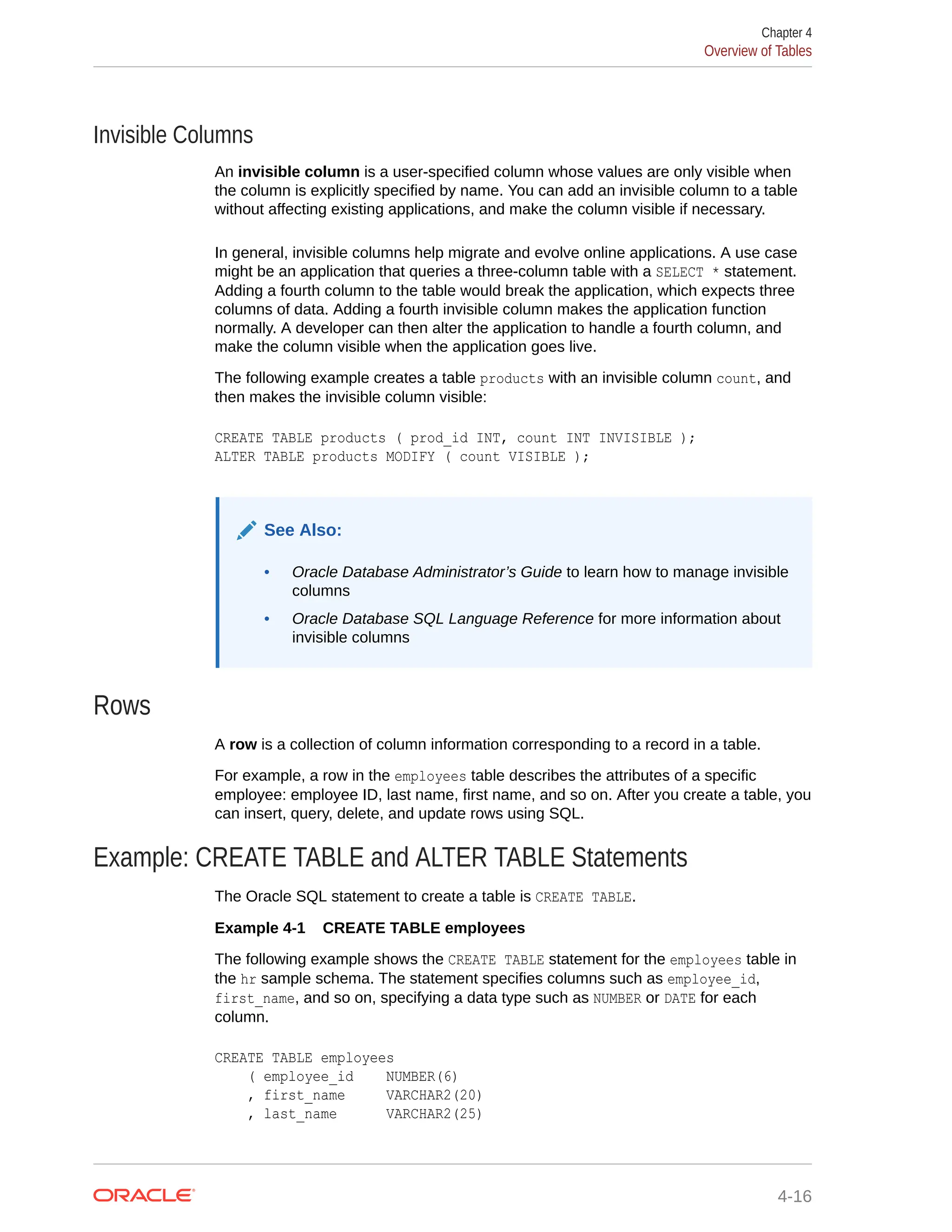 Invisible Columns An invisible column is a user-specified column whose values are only visible when the column is explicitly specified by name. You can add an invisible column to a table without affecting existing applications, and make the column visible if necessary. In general, invisible columns help migrate and evolve online applications. A use case might be an application that queries a three-column table with a SELECT * statement. Adding a fourth column to the table would break the application, which expects three columns of data. Adding a fourth invisible column makes the application function normally. A developer can then alter the application to handle a fourth column, and make the column visible when the application goes live. The following example creates a table products with an invisible column count, and then makes the invisible column visible: CREATE TABLE products ( prod_id INT, count INT INVISIBLE ); ALTER TABLE products MODIFY ( count VISIBLE ); See Also: • Oracle Database Administrator’s Guide to learn how to manage invisible columns • Oracle Database SQL Language Reference for more information about invisible columns Rows A row is a collection of column information corresponding to a record in a table. For example, a row in the employees table describes the attributes of a specific employee: employee ID, last name, first name, and so on. After you create a table, you can insert, query, delete, and update rows using SQL. Example: CREATE TABLE and ALTER TABLE Statements The Oracle SQL statement to create a table is CREATE TABLE. Example 4-1 CREATE TABLE employees The following example shows the CREATE TABLE statement for the employees table in the hr sample schema. The statement specifies columns such as employee_id, first_name, and so on, specifying a data type such as NUMBER or DATE for each column. CREATE TABLE employees ( employee_id NUMBER(6) , first_name VARCHAR2(20) , last_name VARCHAR2(25) Chapter 4 Overview of Tables 4-16 