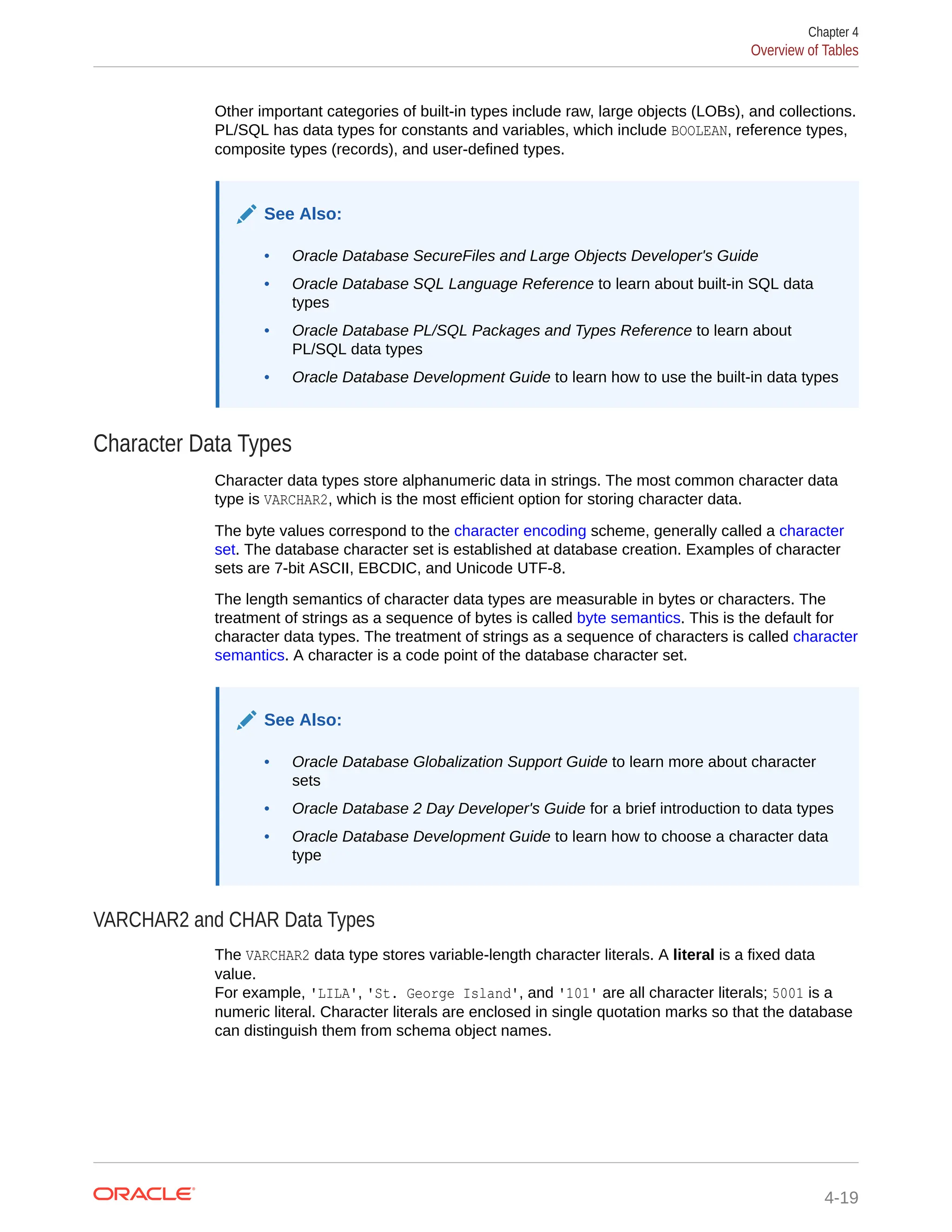 Other important categories of built-in types include raw, large objects (LOBs), and collections. PL/SQL has data types for constants and variables, which include BOOLEAN, reference types, composite types (records), and user-defined types. See Also: • Oracle Database SecureFiles and Large Objects Developer's Guide • Oracle Database SQL Language Reference to learn about built-in SQL data types • Oracle Database PL/SQL Packages and Types Reference to learn about PL/SQL data types • Oracle Database Development Guide to learn how to use the built-in data types Character Data Types Character data types store alphanumeric data in strings. The most common character data type is VARCHAR2, which is the most efficient option for storing character data. The byte values correspond to the character encoding scheme, generally called a character set. The database character set is established at database creation. Examples of character sets are 7-bit ASCII, EBCDIC, and Unicode UTF-8. The length semantics of character data types are measurable in bytes or characters. The treatment of strings as a sequence of bytes is called byte semantics. This is the default for character data types. The treatment of strings as a sequence of characters is called character semantics. A character is a code point of the database character set. See Also: • Oracle Database Globalization Support Guide to learn more about character sets • Oracle Database 2 Day Developer's Guide for a brief introduction to data types • Oracle Database Development Guide to learn how to choose a character data type VARCHAR2 and CHAR Data Types The VARCHAR2 data type stores variable-length character literals. A literal is a fixed data value. For example, 'LILA', 'St. George Island', and '101' are all character literals; 5001 is a numeric literal. Character literals are enclosed in single quotation marks so that the database can distinguish them from schema object names. Chapter 4 Overview of Tables 4-19 