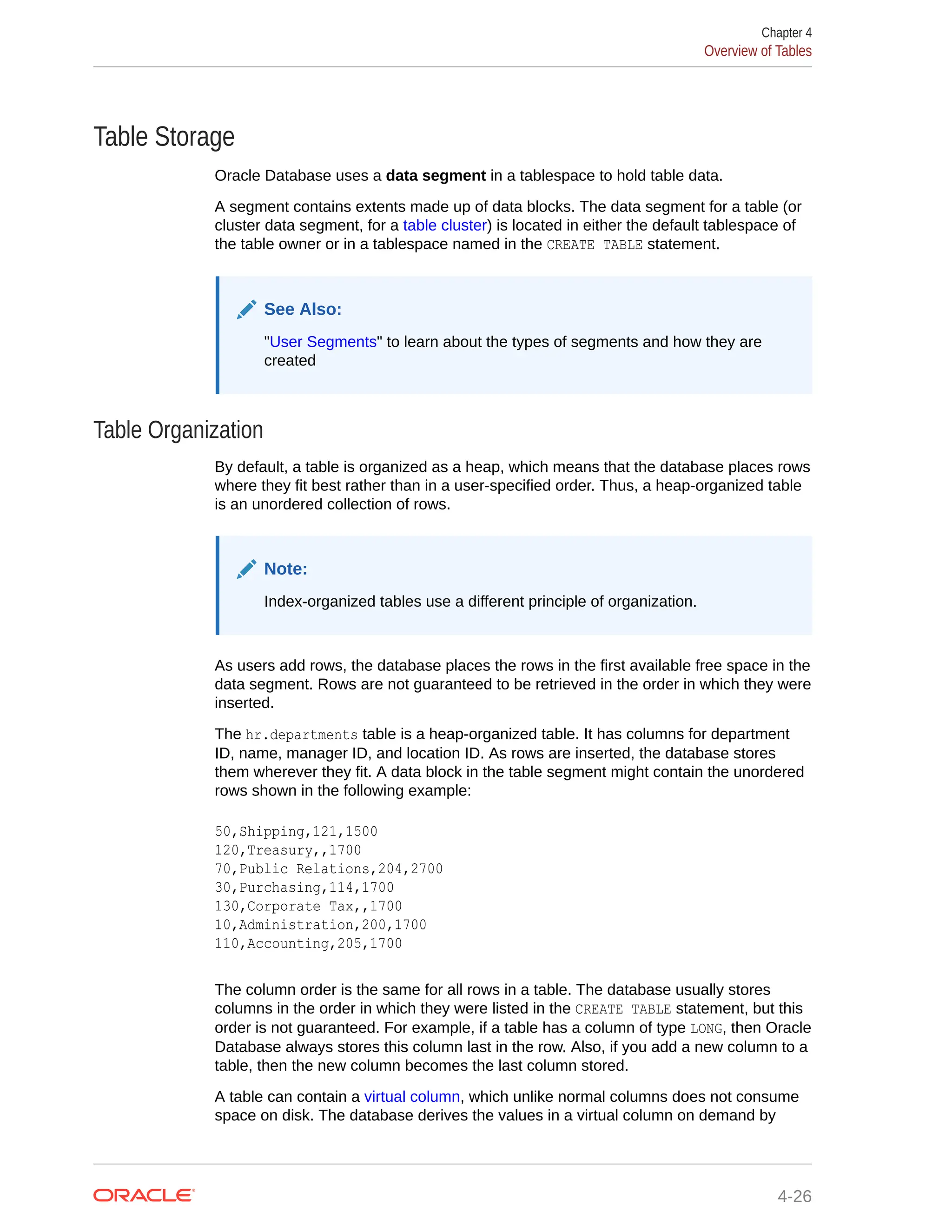 Table Storage Oracle Database uses a data segment in a tablespace to hold table data. A segment contains extents made up of data blocks. The data segment for a table (or cluster data segment, for a table cluster) is located in either the default tablespace of the table owner or in a tablespace named in the CREATE TABLE statement. See Also: "User Segments" to learn about the types of segments and how they are created Table Organization By default, a table is organized as a heap, which means that the database places rows where they fit best rather than in a user-specified order. Thus, a heap-organized table is an unordered collection of rows. Note: Index-organized tables use a different principle of organization. As users add rows, the database places the rows in the first available free space in the data segment. Rows are not guaranteed to be retrieved in the order in which they were inserted. The hr.departments table is a heap-organized table. It has columns for department ID, name, manager ID, and location ID. As rows are inserted, the database stores them wherever they fit. A data block in the table segment might contain the unordered rows shown in the following example: 50,Shipping,121,1500 120,Treasury,,1700 70,Public Relations,204,2700 30,Purchasing,114,1700 130,Corporate Tax,,1700 10,Administration,200,1700 110,Accounting,205,1700 The column order is the same for all rows in a table. The database usually stores columns in the order in which they were listed in the CREATE TABLE statement, but this order is not guaranteed. For example, if a table has a column of type LONG, then Oracle Database always stores this column last in the row. Also, if you add a new column to a table, then the new column becomes the last column stored. A table can contain a virtual column, which unlike normal columns does not consume space on disk. The database derives the values in a virtual column on demand by Chapter 4 Overview of Tables 4-26 