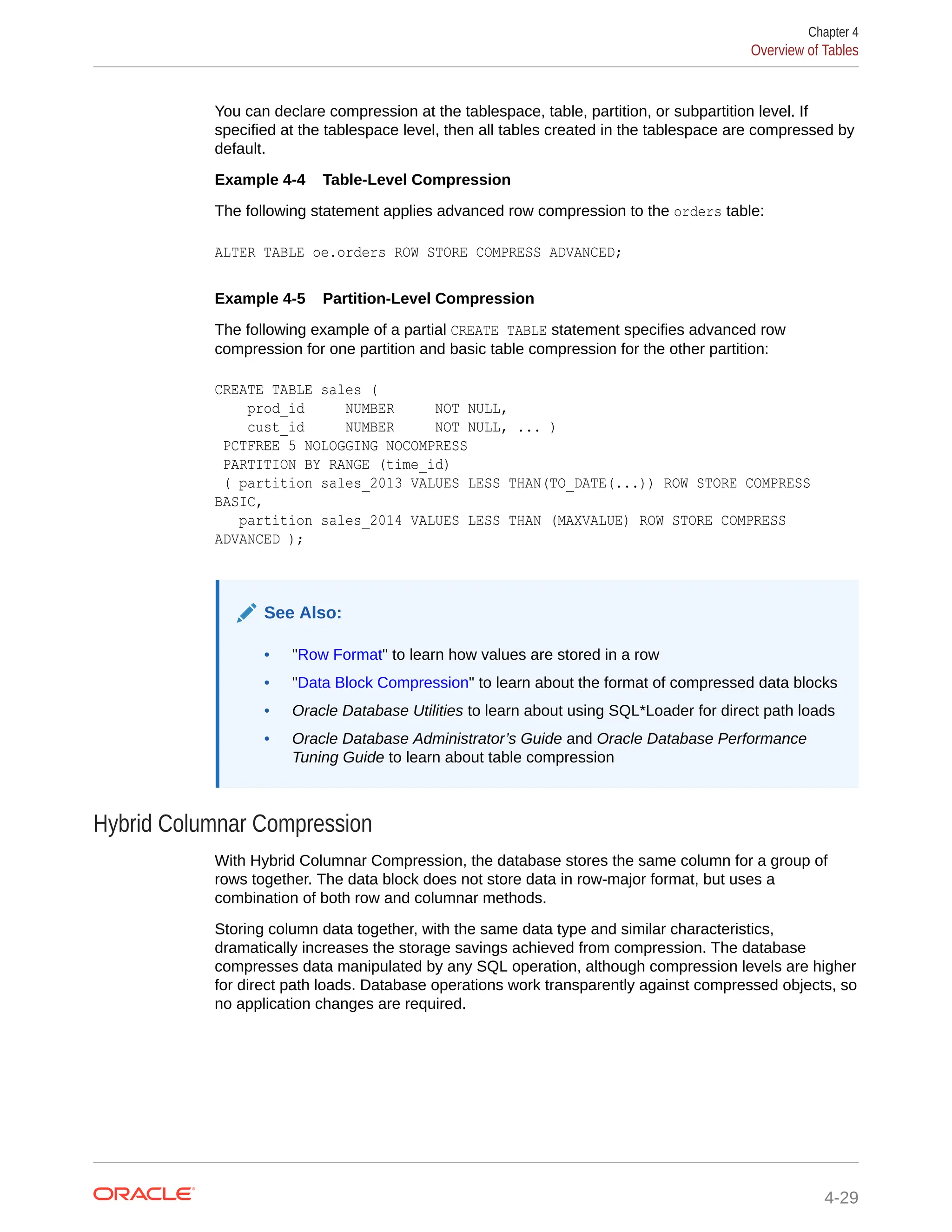 You can declare compression at the tablespace, table, partition, or subpartition level. If specified at the tablespace level, then all tables created in the tablespace are compressed by default. Example 4-4 Table-Level Compression The following statement applies advanced row compression to the orders table: ALTER TABLE oe.orders ROW STORE COMPRESS ADVANCED; Example 4-5 Partition-Level Compression The following example of a partial CREATE TABLE statement specifies advanced row compression for one partition and basic table compression for the other partition: CREATE TABLE sales ( prod_id NUMBER NOT NULL, cust_id NUMBER NOT NULL, ... ) PCTFREE 5 NOLOGGING NOCOMPRESS PARTITION BY RANGE (time_id) ( partition sales_2013 VALUES LESS THAN(TO_DATE(...)) ROW STORE COMPRESS BASIC, partition sales_2014 VALUES LESS THAN (MAXVALUE) ROW STORE COMPRESS ADVANCED ); See Also: • "Row Format" to learn how values are stored in a row • "Data Block Compression" to learn about the format of compressed data blocks • Oracle Database Utilities to learn about using SQL*Loader for direct path loads • Oracle Database Administrator’s Guide and Oracle Database Performance Tuning Guide to learn about table compression Hybrid Columnar Compression With Hybrid Columnar Compression, the database stores the same column for a group of rows together. The data block does not store data in row-major format, but uses a combination of both row and columnar methods. Storing column data together, with the same data type and similar characteristics, dramatically increases the storage savings achieved from compression. The database compresses data manipulated by any SQL operation, although compression levels are higher for direct path loads. Database operations work transparently against compressed objects, so no application changes are required. Chapter 4 Overview of Tables 4-29 