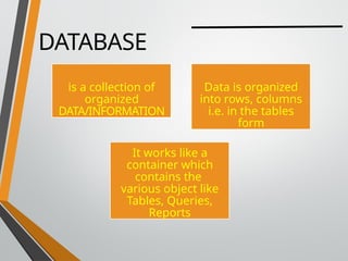 is a collection of
organized
DATA/INFORMATION
It works like a
container which
contains the
various object like
Tables, Queries,
Reports
Data is organized
into rows, columns
i.e. in the tables
form
DATABASE
 