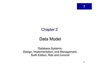 2




             Chapter 2

           Data Model

           Database Systems:
Design, Implementation, and Management,
     Sixth Edition, Rob and Coronel

                                          1
 