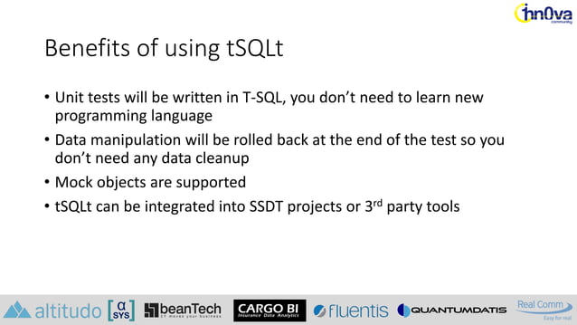 Database development unit test with tSQLt | PPT