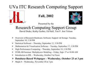 UVa ITC Research Computing Support Fall, 2002 Presented by the Research Computing Support Group David Drake, Kathy Gerber, Ed Hall, Tim F. Jost Tolson ,[object Object],[object Object],[object Object],[object Object],[object Object],[object Object],[object Object],[object Object]
