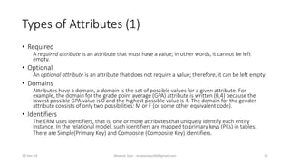 Types of Attributes (1)
• Required
A required attribute is an attribute that must have a value; in other words, it cannot be left
empty.
• Optional
An optional attribute is an attribute that does not require a value; therefore, it can be left empty.
• Domains
Attributes have a domain, a domain is the set of possible values for a given attribute. For
example, the domain for the grade point average (GPA) attribute is written (0,4) because the
lowest possible GPA value is 0 and the highest possible value is 4. The domain for the gender
attribute consists of only two possibilities: M or F (or some other equivalent code).
• Identifiers
The ERM uses identifiers, that is, one or more attributes that uniquely identify each entity
instance. In the relational model, such identifiers are mapped to primary keys (PKs) in tables.
There are Simple(Primary Key) and Composite (Composite Key) identifiers.
19-Dec-14 Mudasir Qazi - mudasirqazi00@gmail.com 11
 