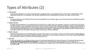Types of Attributes (2)
• Composite
A composite attribute, not to be confused with a composite key, is an attribute that can be further subdivided to yield
additional attributes. For example, the attribute ADDRESS can be subdivided into street, city, state, and zip code.
• Simple
A simple attribute is an attribute that cannot be subdivided. For example, age, sex, and marital status would be classified
as simple attributes.
• Single-Valued
A single-valued attribute is an attribute that can have only a single value. For example, a person can have only one Social
Security number, and a manufactured part can have only one serial number. Keep in mind that a single-valued attribute is
not necessarily a simple attribute. For instance, a part’s serial number, such as SE-08-02-189935, is single-valued, but it is
a composite attribute because it can be subdivided into the region in which the part was produced (SE), the plant within
that region (08), the shift within the plant (02), and the part number (189935).
• Multi-Valued
Multivalued attributes are attributes that can have many values. For instance, a person may have several college degrees,
and a household may have several different phones, each with its own number. Similarly, a car’s color may be subdivided
into many colors (that is, colors for the roof, body, and trim).
• Derived
A derived attribute is an attribute whose value is calculated (derived) from other attributes. The derived attribute need
not be physically stored within the database; instead, it can be derived by using an algorithm. For example, an
employee’s age, EMP_AGE, may be found by computing the integer value of the difference between the current date and
the EMP_DOB.
19-Dec-14 Mudasir Qazi - mudasirqazi00@gmail.com 12
 