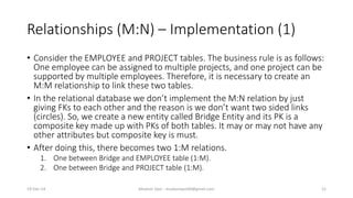 Relationships (M:N) – Implementation (1)
• Consider the EMPLOYEE and PROJECT tables. The business rule is as follows:
One employee can be assigned to multiple projects, and one project can be
supported by multiple employees. Therefore, it is necessary to create an
M:M relationship to link these two tables.
• In the relational database we don’t implement the M:N relation by just
giving FKs to each other and the reason is we don’t want two sided links
(circles). So, we create a new entity called Bridge Entity and its PK is a
composite key made up with PKs of both tables. It may or may not have any
other attributes but composite key is must.
• After doing this, there becomes two 1:M relations.
1. One between Bridge and EMPLOYEE table (1:M).
2. One between Bridge and PROJECT table (1:M).
19-Dec-14 Mudasir Qazi - mudasirqazi00@gmail.com 21
 