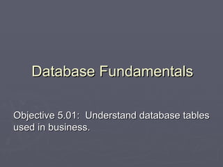 Objective 5.01:  Understand database tables used in business. Database Fundamentals 