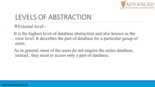 LEVELS OF ABSTRACTION
External level:-
It is the highest level of database abstraction and also known as the
view level. It describes the part of database for a particular group of
users.
As in general, most of the users do not require the entire database,
instead , they need to access only a part of database.
www.advanced.edu.in
 
