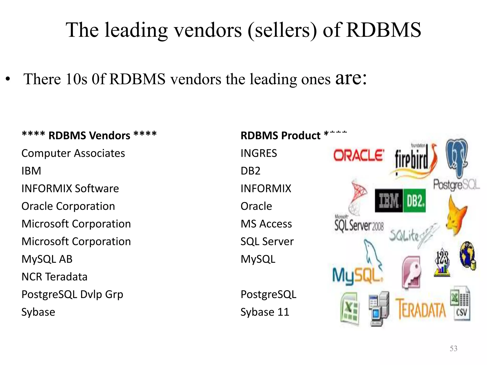 The leading vendors (sellers) of RDBMS • There 10s 0f RDBMS vendors the leading ones are: **** RDBMS Vendors **** RDBMS Product **** Computer Associates INGRES IBM DB2 INFORMIX Software INFORMIX Oracle Corporation Oracle Microsoft Corporation MS Access Microsoft Corporation SQL Server MySQL AB MySQL NCR Teradata PostgreSQL Dvlp Grp PostgreSQL Sybase Sybase 11 53 
