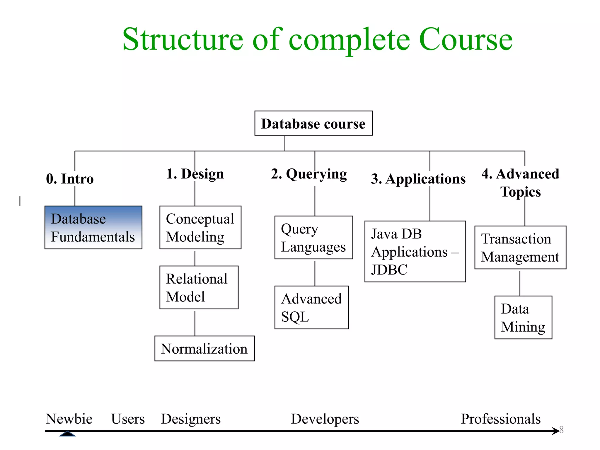 Structure of complete Course Database Fundamentals Relational Model Normalization Conceptual Modeling Query Languages Advanced SQL Transaction Management Java DB Applications – JDBC Data Mining 0. Intro 1. Design 3. Applications 4. Advanced Topics Newbie Users ProfessionalsDesigners Database course 2. Querying Developers 8 