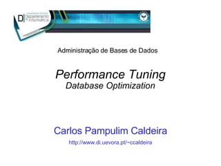 Performance Tuning Database Optimization Carlos Pampulim Caldeira http://www.di.uevora.pt/~ccaldeira Administração de Bases de Dados 
