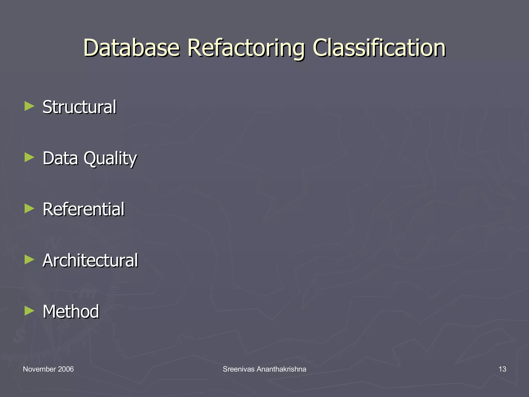 Database Refactoring Classification Structural Data Quality Referential Architectural Method 