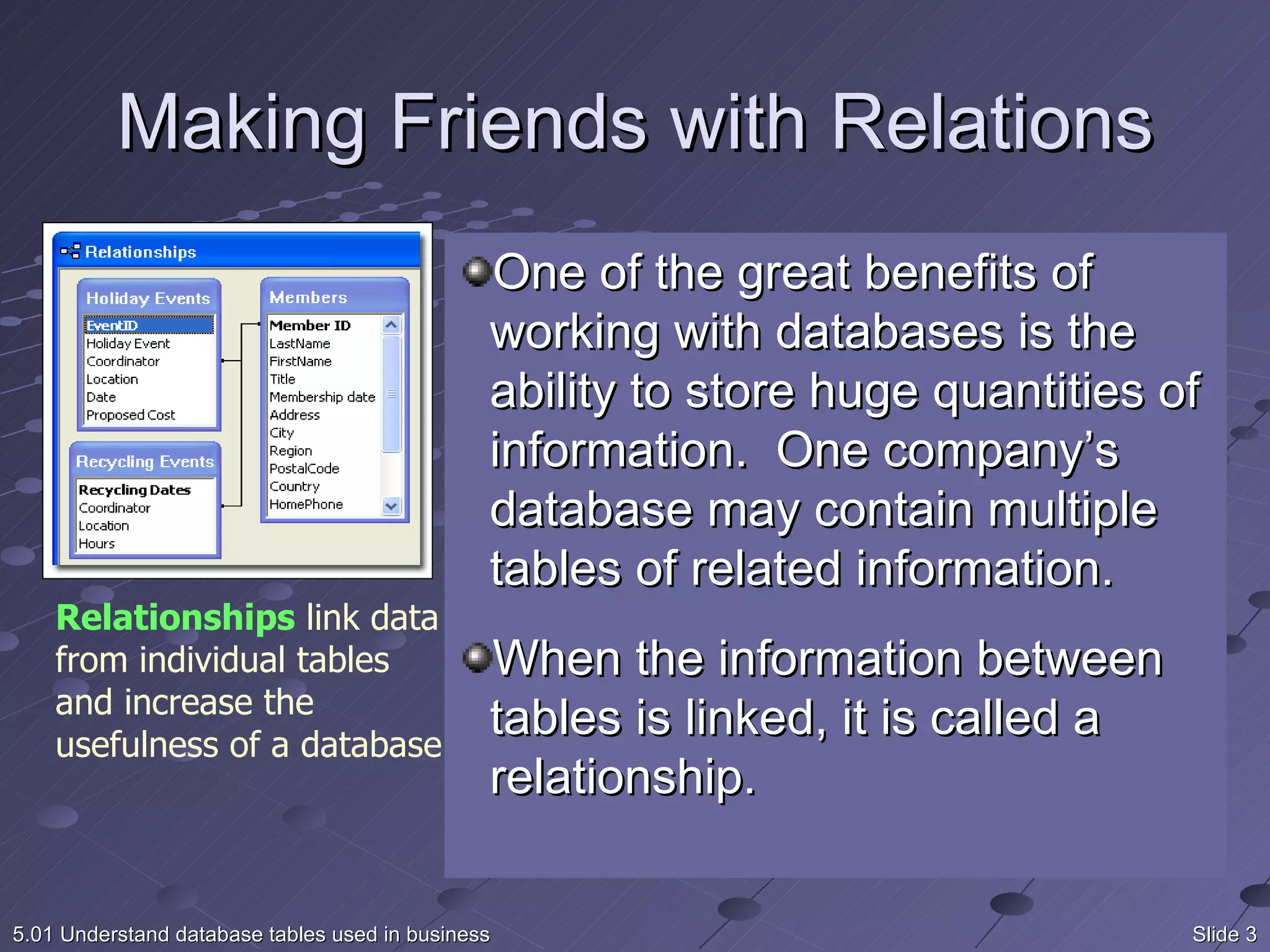 Making Friends with Relations Slide  5.01 Understand database tables used in business Relationships  link data from individual tables and increase the usefulness of a database. One of the great benefits of working with databases is the ability to store huge quantities of information.  One company’s database may contain multiple tables of related information. When the information between tables is linked, it is called a relationship. 