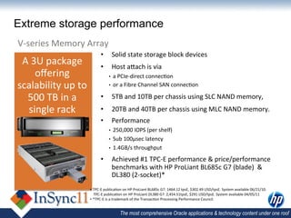 Extreme storage performance
V-­‐series	
  Memory	
  Array	
  
                                       •           Solid	
  state	
  storage	
  block	
  devices	
  	
  
 A	
  3U	
  package	
                  •           Host	
  aDach	
  is	
  via	
  	
  
       oﬀering	
                              •  a	
  PCIe-­‐direct	
  connec,on	
  	
  
scalability	
  up	
  to	
                     •  or	
  a	
  Fibre	
  Channel	
  SAN	
  connec,on	
  

  500	
  TB	
  in	
  a	
               •           5TB	
  and	
  10TB	
  per	
  chassis	
  using	
  SLC	
  NAND	
  memory,	
  
   single	
  rack	
                    •           20TB	
  and	
  40TB	
  per	
  chassis	
  using	
  MLC	
  NAND	
  memory.	
  	
  
                                       •           Performance	
  
                                              •  250,000	
  IOPS	
  (per	
  shelf)	
  
                                              •  Sub	
  100µsec	
  latency	
  
                                              •  1.4GB/s	
  throughput	
  

                                       •           Achieved	
  #1	
  TPC-­‐E	
  performance	
  &	
  price/performance	
  
                                                   benchmarks	
  with	
  HP	
  ProLiant	
  BL685c	
  G7	
  (blade)	
  	
  &	
  
                                                   DL380	
  (2-­‐socket)*	
  
                              •  TPC-­‐E	
  publica,on	
  on	
  HP	
  ProLiant	
  BL685c	
  G7:	
  1464.12	
  tpsE,	
  $302.49	
  USD/tpsE.	
  System	
  available	
  06/21/10.	
  	
  
                                 	
  TPC-­‐E	
  publica,on	
  on	
  HP	
  ProLiant	
  DL380	
  G7:	
  2,454.51tpsE,	
  $291	
  USD/tpsE.	
  System	
  available	
  04/05/11	
  
                              •  *TPC-­‐E	
  is	
  a	
  trademark	
  of	
  the	
  Transac,on	
  Processing	
  Performance	
  Council.	
  	
  
                                 	
  

                                                        The most comprehensive Oracle applications & technology content under one roof
 