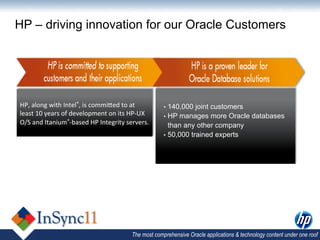 HP – driving innovation for our Oracle Customers




HP,	
  along	
  with	
  Intel®,	
  is	
  commiDed	
  to	
  at	
         •  140,000  joint customers
least	
  10	
  years	
  of	
  development	
  on	
  its	
  HP-­‐UX	
     •  HP manages more Oracle databases
O/S	
  and	
  Itanium®-­‐based	
  HP	
  Integrity	
  servers.	
  	
        than any other company
	
  
                                                                        •  50,000 trained experts




                                                          The most comprehensive Oracle applications & technology content under one roof
 