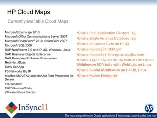 HP Cloud Maps
 Currently available Cloud Maps

Microsoft Exchange 2010                           • Oracle	
  Real	
  Applica,on	
  Clusters	
  11g	
  	
  
Microsoft Office Communications Server 2007
                                                  • Oracle	
  Single	
  Instance	
  Database	
  11g	
  
Microsoft SharePoint® 2010, SharePoint 2007
Microsoft SQL 2008                                • Oracle	
  eBusiness	
  Suite	
  on	
  HPUX	
  
SAP NetWeaver 7.0 on HP-UX, Windows, Linux        • Oracle	
  PeopleSoL	
  HCM	
  9.0	
  
SAP Business Objects Enterprise                   • Oracle	
  PeopleSoL	
  Enterprise	
  Applica,ons	
  
SAS Enterprise BI Server Environment
                                                  • Oracle	
  11gR2	
  RAC	
  on	
  HP-­‐UX	
  with	
  Oracle	
  Fusion	
  
Red Hat JBoss
                                                  Middleware	
  SOA	
  Suite	
  with	
  WebLogic	
  on	
  Linux	
  
Citrix XenApp
F5 Networks Big IP                                • Oracle	
  Fusion	
  Middleware	
  on	
  HP-­‐UX,	
  Linux	
  
McAfee MOVE AV and McAfee Total Protection for    • Oracle	
  Fusion	
  Enterprise	
  
Server
PTC	
  Windchill	
  
TIBCO	
  BusinessWorks	
  
VMware	
  vCloud	
  Director	
  	
  




                                        The most comprehensive Oracle applications & technology content under one roof
 