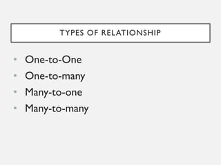 TYPES OF RELATIONSHIP
• One-to-One
• One-to-many
• Many-to-one
• Many-to-many
 