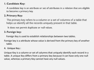 1. Candidate Key:
A candidate key is an attribute or set of attributes in a relation that are eligible
to become a primary key.
2. Primary Key:
The primary key refers to a column or a set of columns of a table that
helps us identify all the records uniquely present in that table.
It does not permit duplicate or null values.
3. Foreign key:
Foreign Key is used to establish relationships between two tables.
Foreign key is a attribute whose value is derived from the primary key of another
table.
4. Unique Key :
Unique Key is a column or set of columns that uniquely identify each record in a
table. A unique Key differs from a primary key because it can have only one null
value, whereas a primary Key cannot have any null values.
 