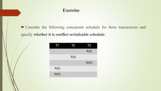 Exercise
 Consider the following concurrent schedule for three transactions and
specify whether it is conflict serializab...