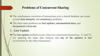 Problems of Concurrent Sharing
 The simultaneous execution of transactions over a shared database can create
several data...