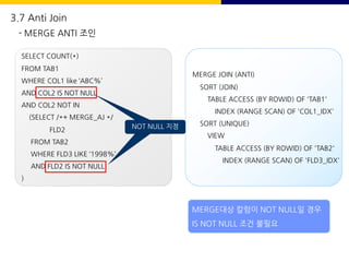 3.7 Anti Join
- MERGE ANTI 조인
SELECT COUNT(*)
FROM TAB1
WHERE COL1 like ‘ABC%’
AND COL2 IS NOT NULL
AND COL2 NOT IN
(SELECT /*+ MERGE_AJ */
FLD2
FROM TAB2
WHERE FLD3 LIKE ‘1998%’
AND FLD2 IS NOT NULL
)
MERGE JOIN (ANTI)
SORT (JOIN)
TABLE ACCESS (BY ROWID) OF 'TAB1'
INDEX (RANGE SCAN) OF 'COL1_IDX'
SORT (UNIQUE)
VIEW
TABLE ACCESS (BY ROWID) OF 'TAB2'
INDEX (RANGE SCAN) OF 'FLD3_IDX'
MERGE대상 칼럼이 NOT NULL일 경우
IS NOT NULL 조건 불필요
NOT NULL 지정
NOT NULL 지정
 