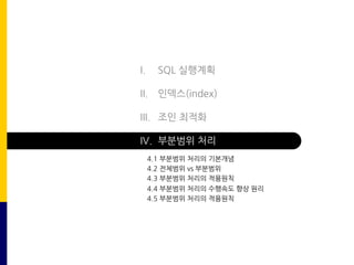 I. SQL 실행계획
II. 인덱스(index)
III. 조인 최적화
IV. 부분범위 처리
4.1 부분범위 처리의 기본개념
4.2 전체범위 vs 부분범위
4.3 부분범위 처리의 적용원칙
4.4 부분범위 처리의 수행속도 향상 원리
4.5 부분범위 처리의 적용원칙
 