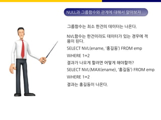 NVL함수는 한건이라도 데이터가 있는 경우에 적
용이 된다.
SELECT NVL(ename, ‘홍길동’) FROM emp
WHERE 1=2
결과가 나오게 할려면 어떻게 해야할까?
NULL과 그룹함수와 관계에 대해서 알아보자
SELECT NVL(MAX(ename), ‘홍길동’) FROM emp
WHERE 1=2
결과는 홍길동이 나온다.
그룹함수는 최소 한건의 데이터는 나온다.
 