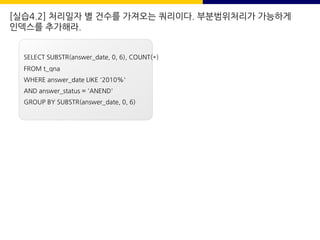 [실습4.2] 처리일자 별 건수를 가져오는 쿼리이다. 부분범위처리가 가능하게
인덱스를 추가해라.
SELECT SUBSTR(answer_date, 0, 6), COUNT(*)
FROM t_qna
WHERE answer_date LIKE '2010%'
AND answer_status = 'ANEND'
GROUP BY SUBSTR(answer_date, 0, 6)
 