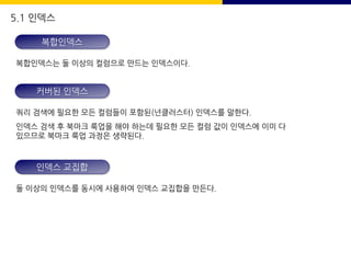 5.1 인덱스
복합인덱스는 둘 이상의 컬럼으로 만드는 인덱스이다.
복합인덱스
쿼리 검색에 필요한 모든 컬럼들이 포함된(넌클러스터) 인덱스를 말한다.
인덱스 검색 후 북마크 룩업을 해야 하는데 필요한 모든 컬럼 값이 인덱스에 이미 다
있으므로 북마크 룩업 과정은 생략된다.
커버된 인덱스
둘 이상의 인덱스를 동시에 사용하여 인덱스 교집합을 만든다.
인덱스 교집합
 